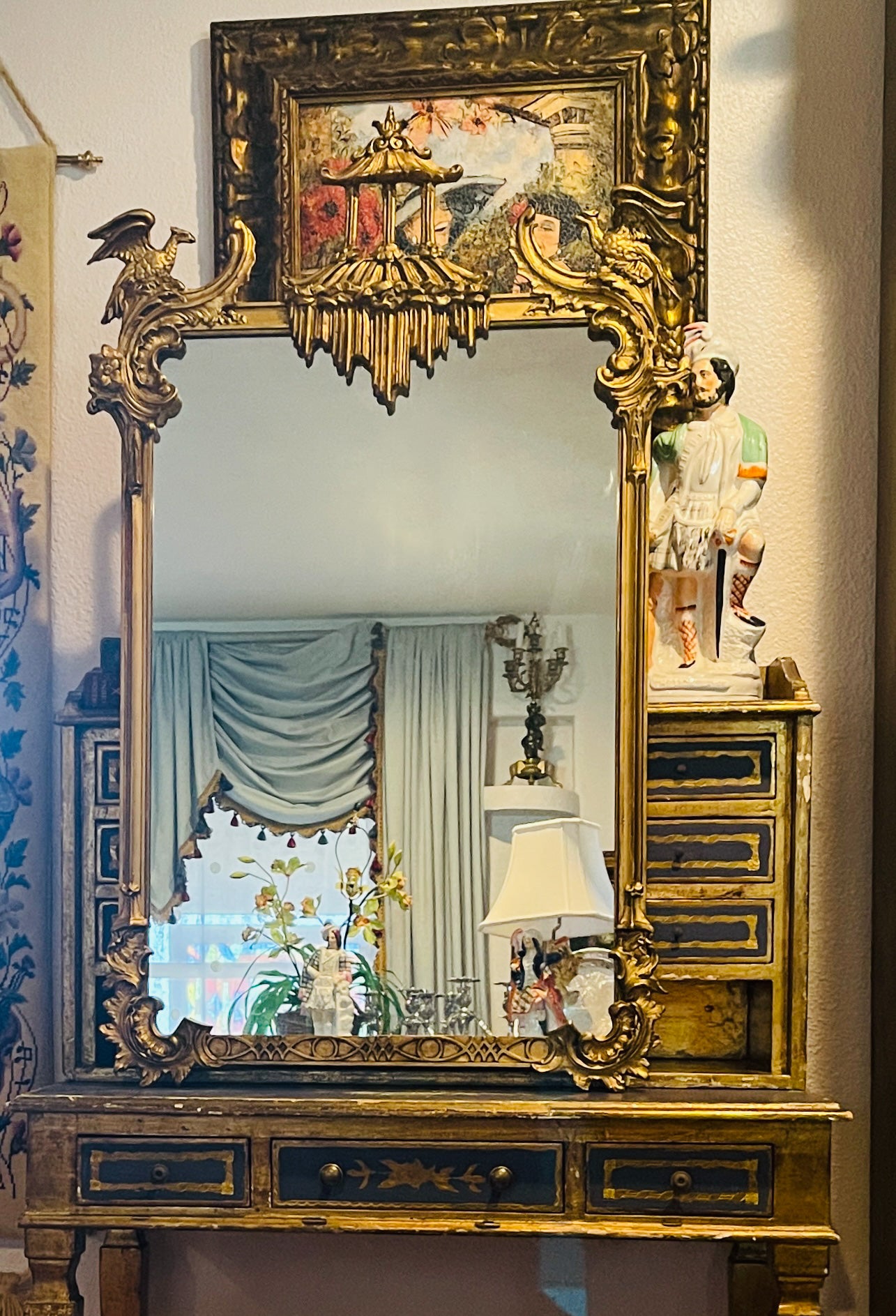 Antique Chinoiserie Hand Carved Gilt Wood Pagoda Rococo Mirror with Birds
