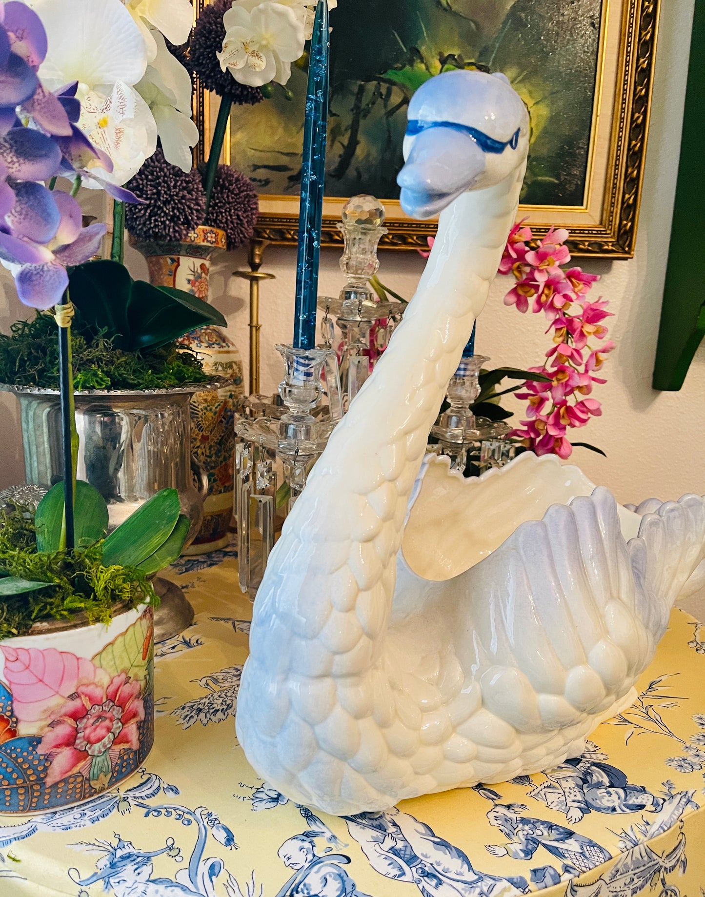 Large Blue and White Swan Planter, Vintage Hand Painted Ceramic Swan