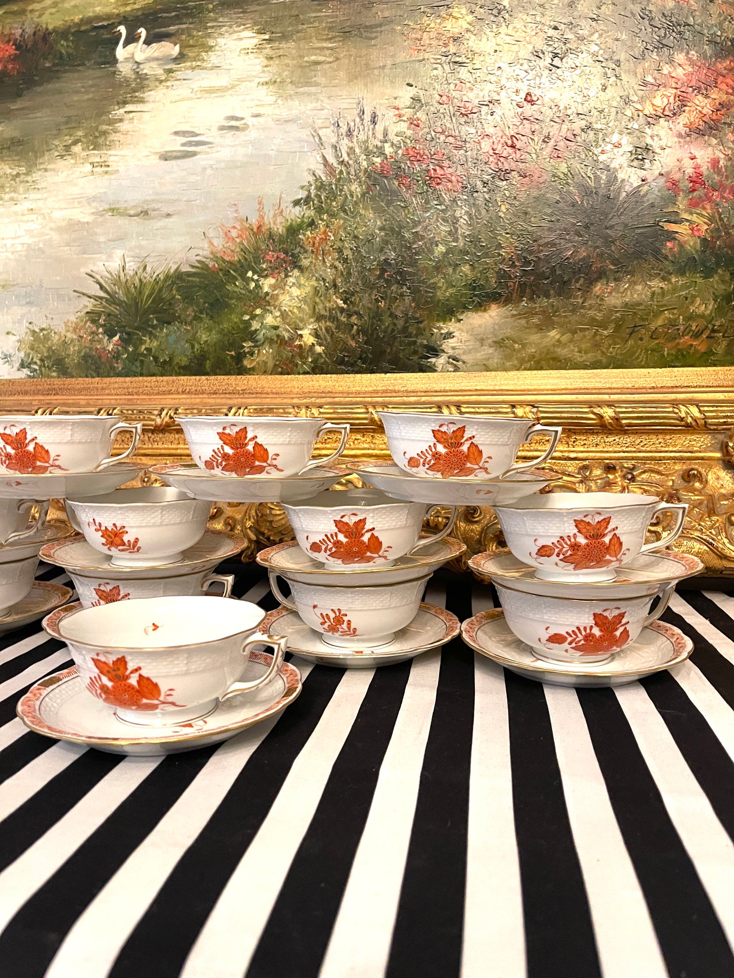 Herend Chinese Bouquet Footed Cup and Saucer, Selling as a Four (4) Piece Set- 2 Cups, 2 Saucers