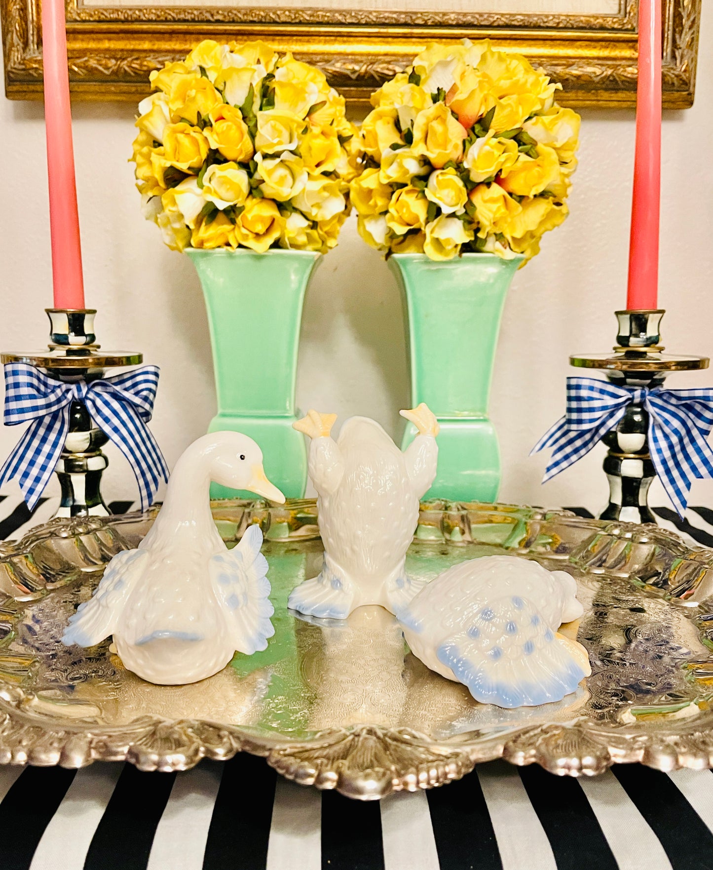 Set of Three Blue and White Ducks