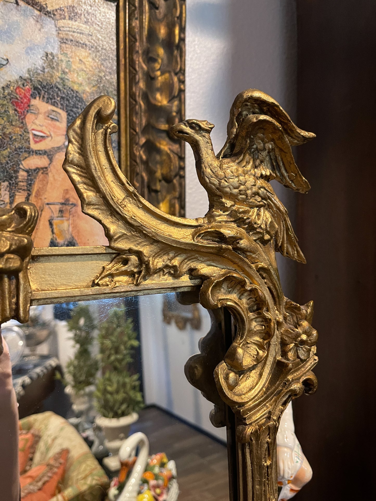 Antique Chinoiserie Hand Carved Gilt Wood Pagoda Rococo Mirror with Birds