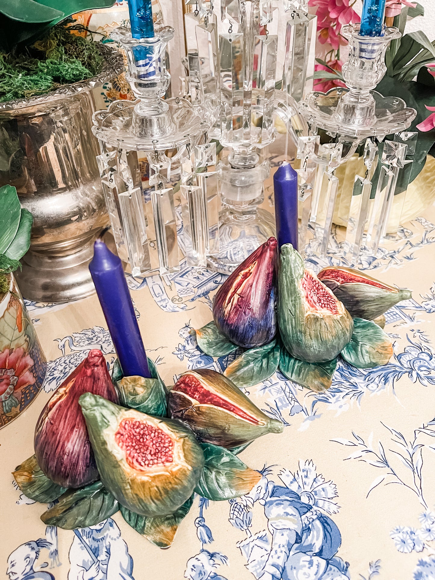 Vintage Italian Ceramic Fig Candlesticks, Pair, Hand Painted