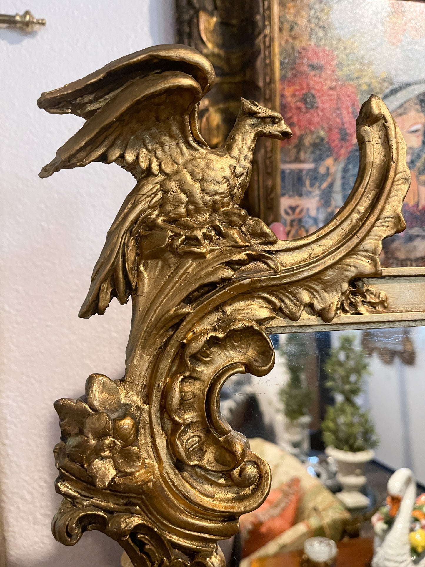 Antique Chinoiserie Hand Carved Gilt Wood Pagoda Rococo Mirror with Birds