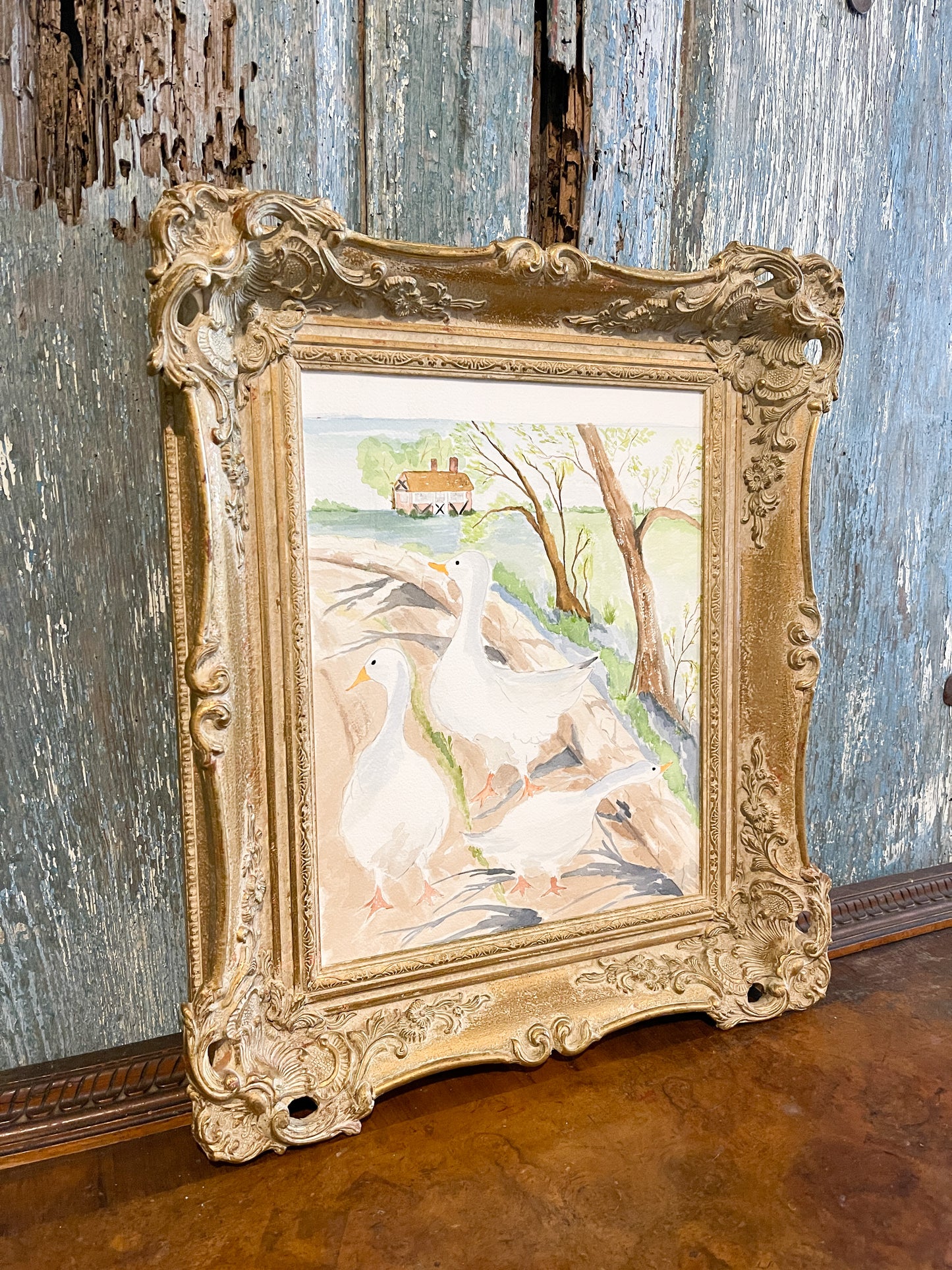 Original Watercolor- White Geese on a Country Lane with a French Chateau or English Manor