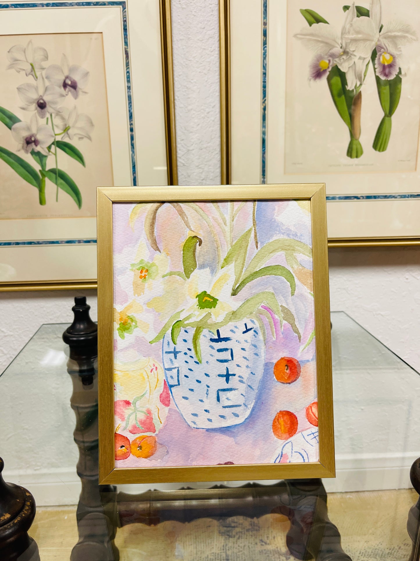 Original Watercolor- Blue and White Chinoiserie Ginger Jar with Flowers and Fruit