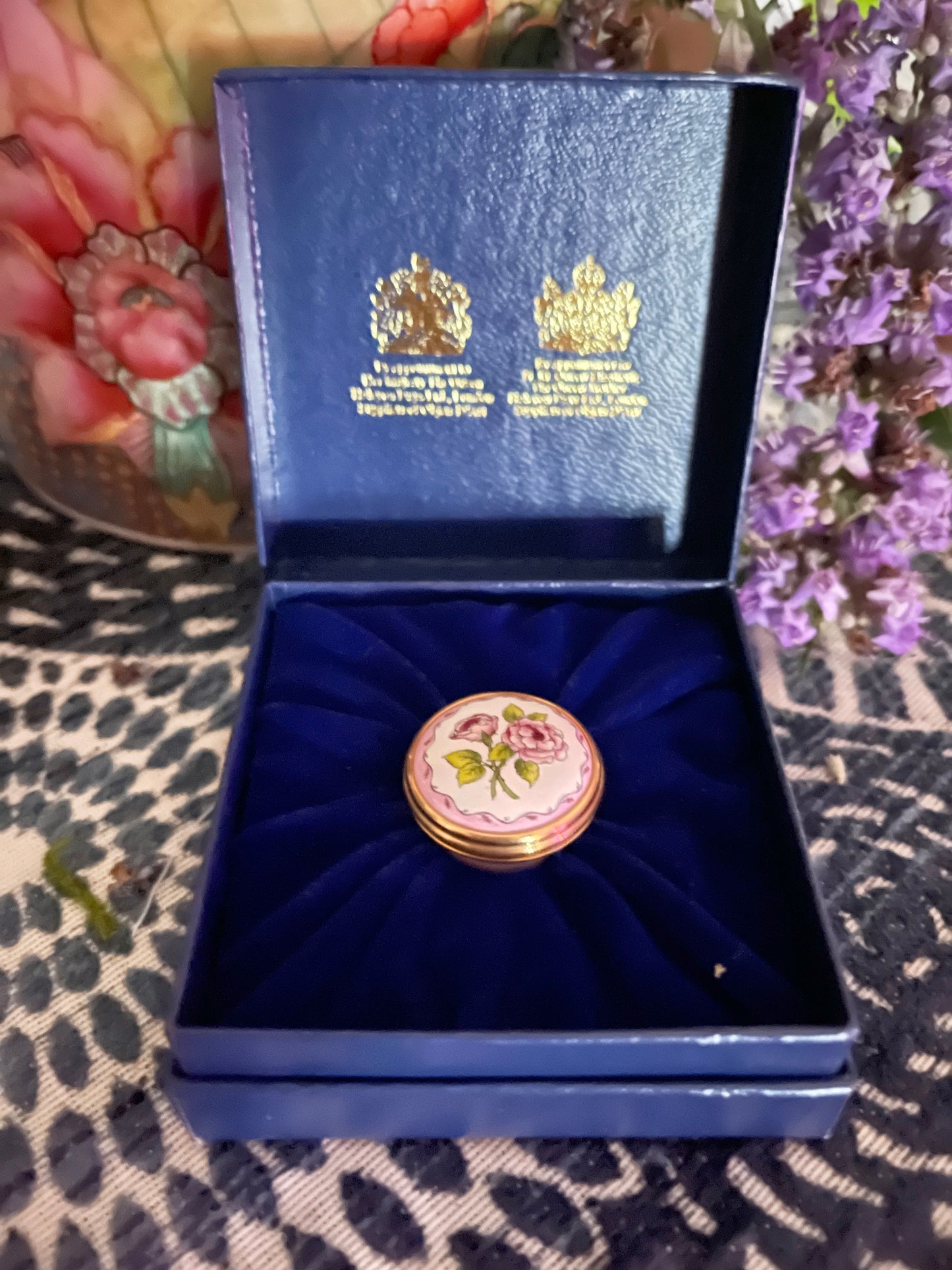 Halcyon Days MINI Enamel Box with Pink Flowers and Leafy Green Foliage, Made in England, Original Box