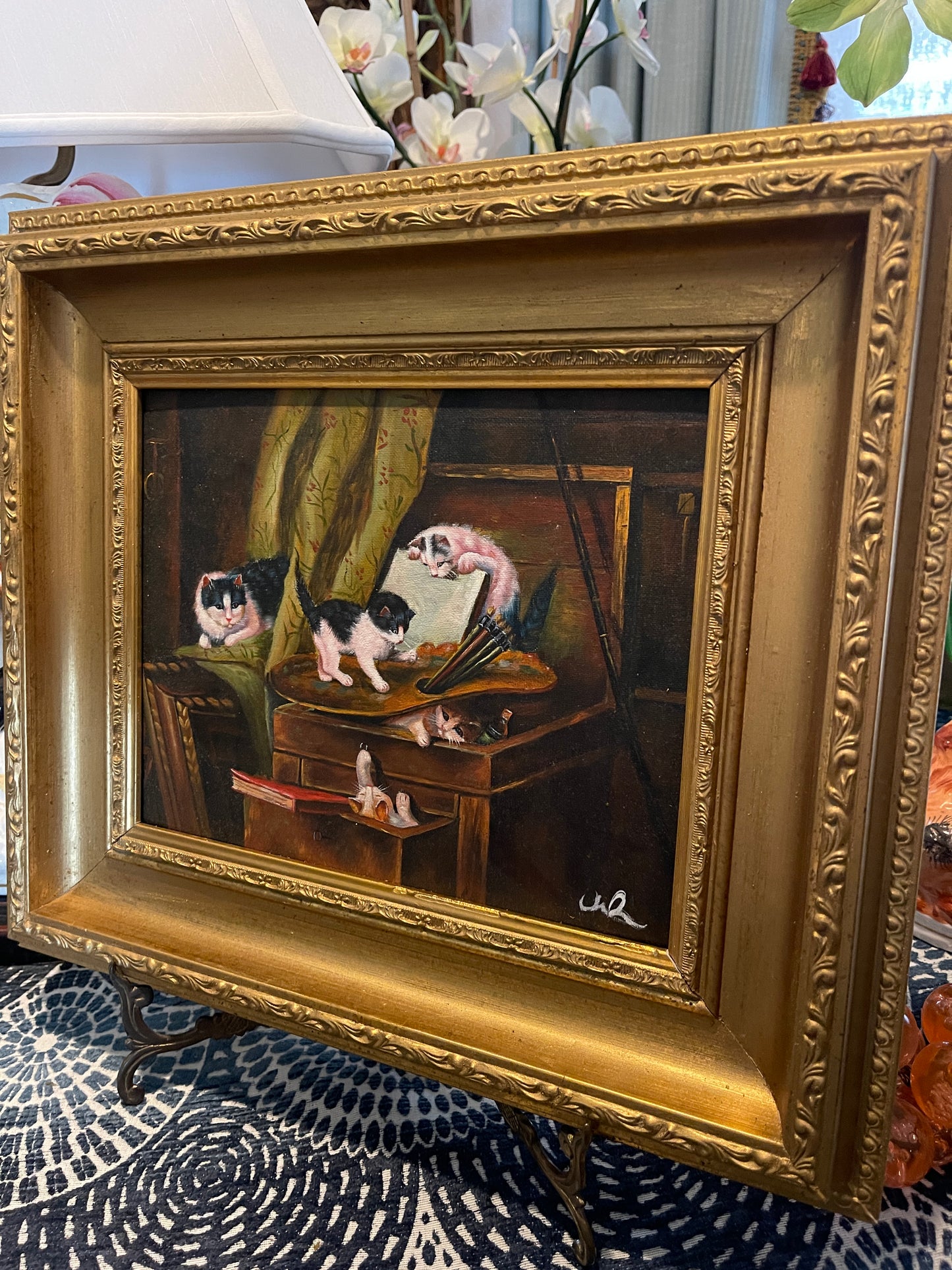 Vintage Oil Painting, Cats and Kittens Playing on an Artist’s Pallet