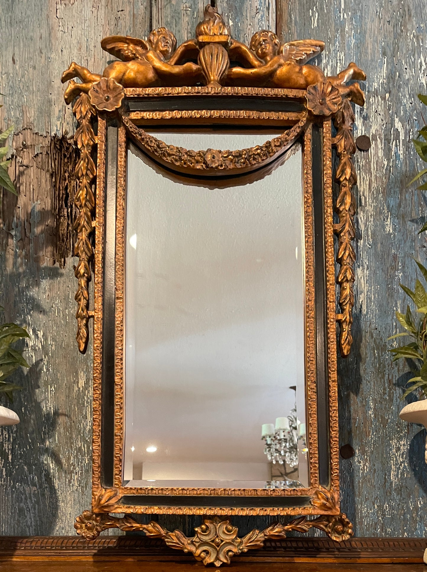 Carved Gilt Wood Cherub and Acanthus Beveled Mirror