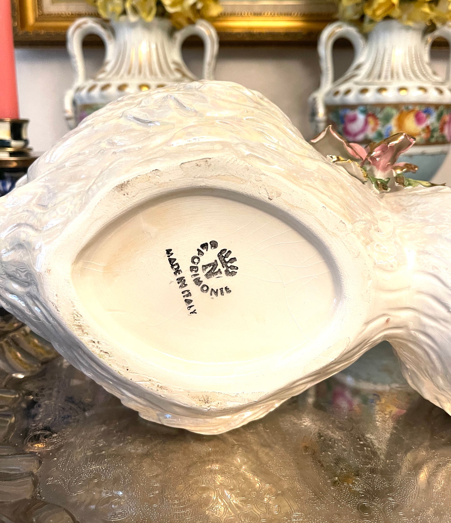 Vintage CAPODIMONTE Double Swan Planter, Made in Italy