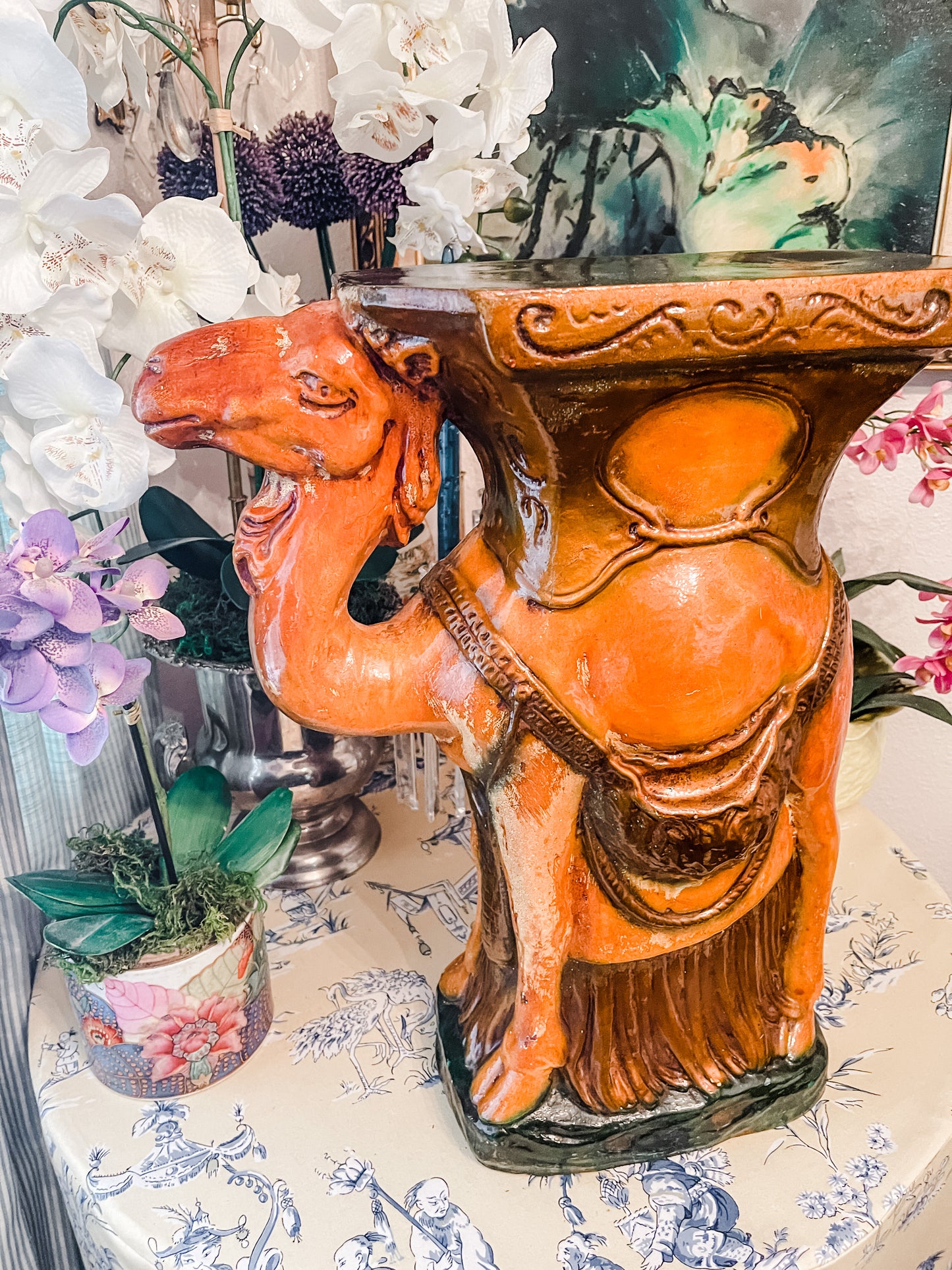 Vintage Majolica Camel Garden Stool, Plant Stand, Majolica Camel Side Table, Majolica Garden Stool