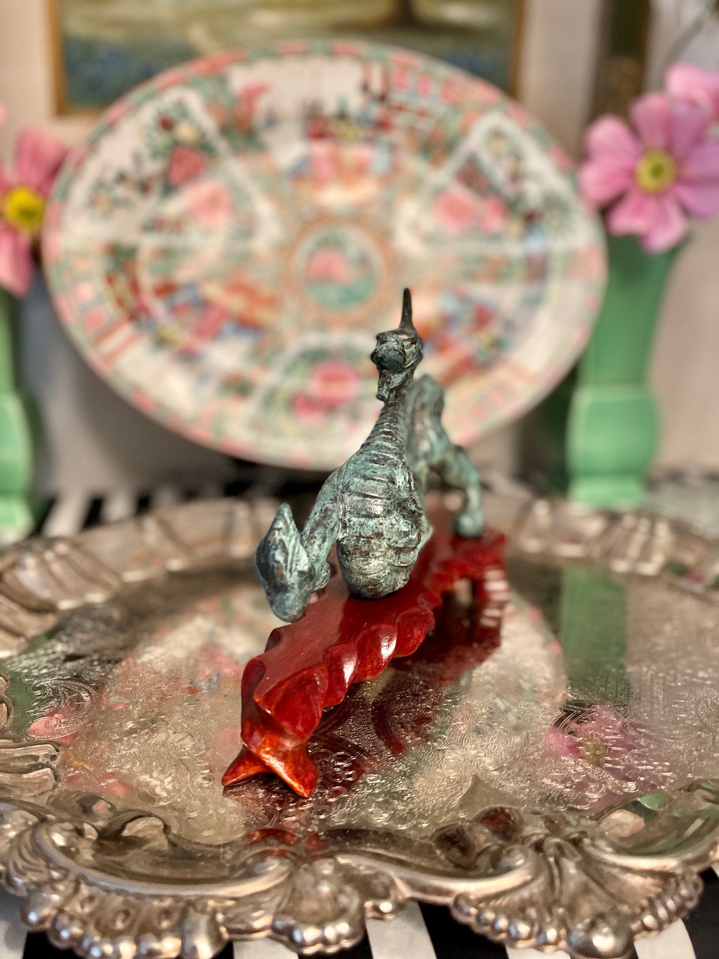 Vintage Chinese Verdigris Bronze Dragon on Wood Base, Chinoiserie Shelf Decor
