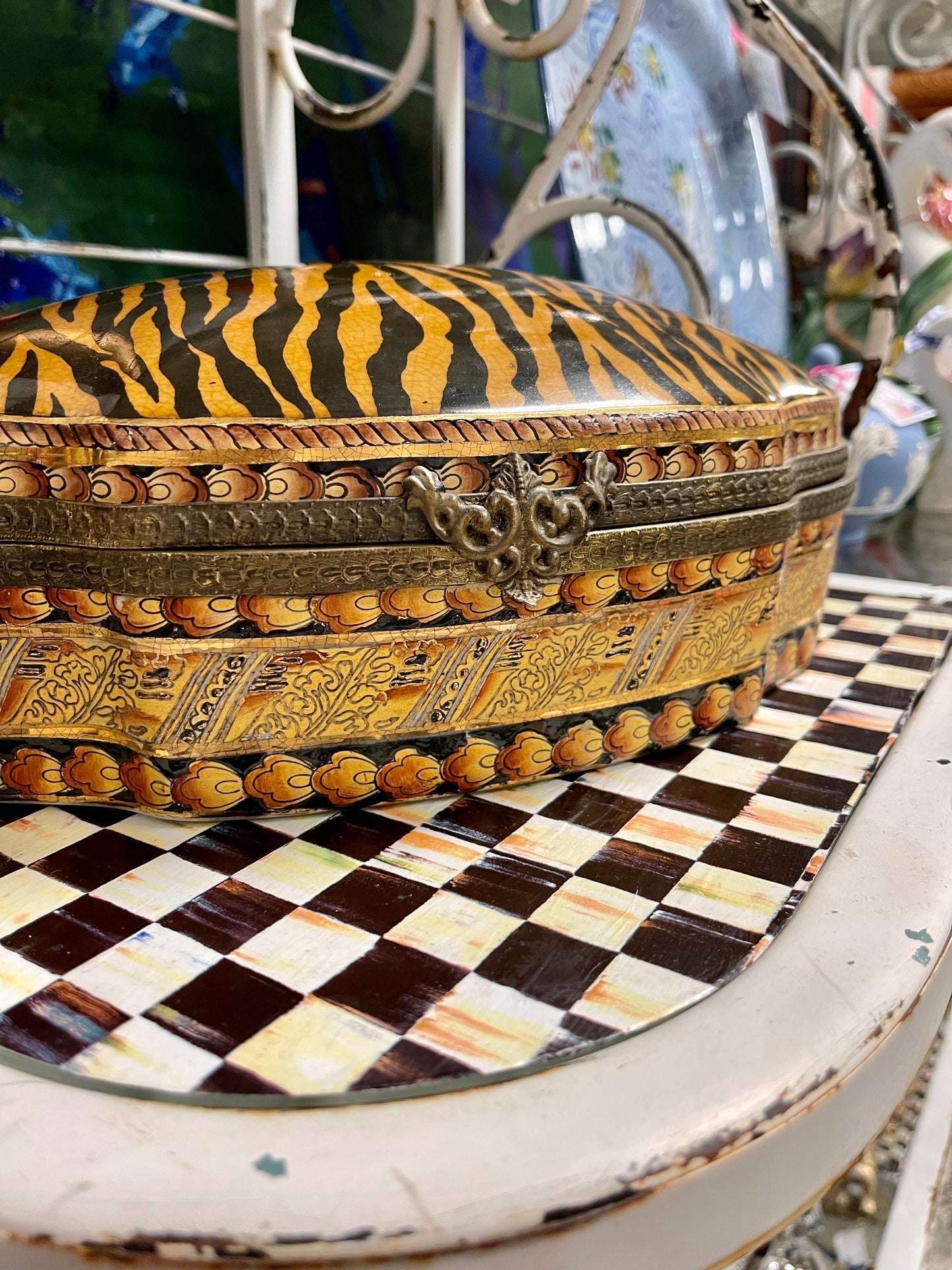 Large Vintage Tiger Print and Ormolu Porcelain Lidded Box