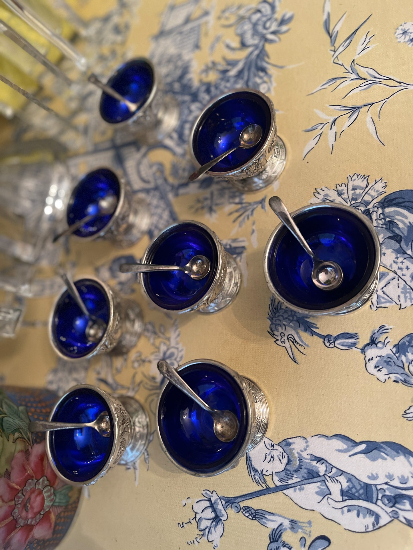 Vintage Cornell & Co Silverplate Salt Cellar with Cobalt Glass Liner, Set of Two with Spoons, Made in Japan