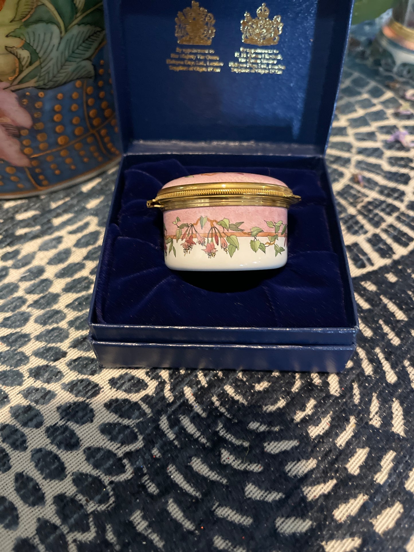 Halcyon Days Enamel Box with Pink Flowers, Viney Green Foliage and a Buzzing Bee, Made in England, Original Box