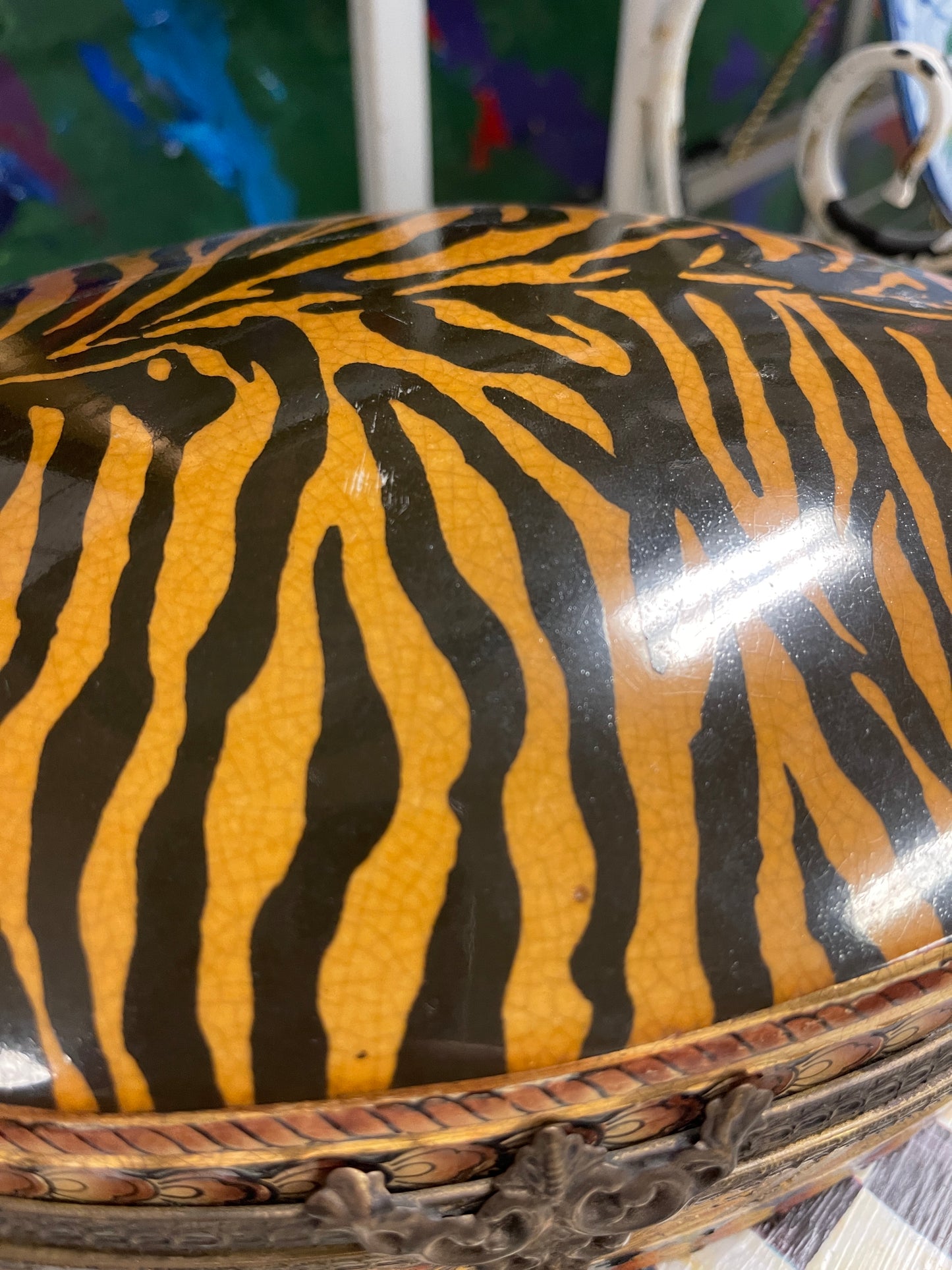 Large Vintage Tiger Print and Ormolu Porcelain Lidded Box