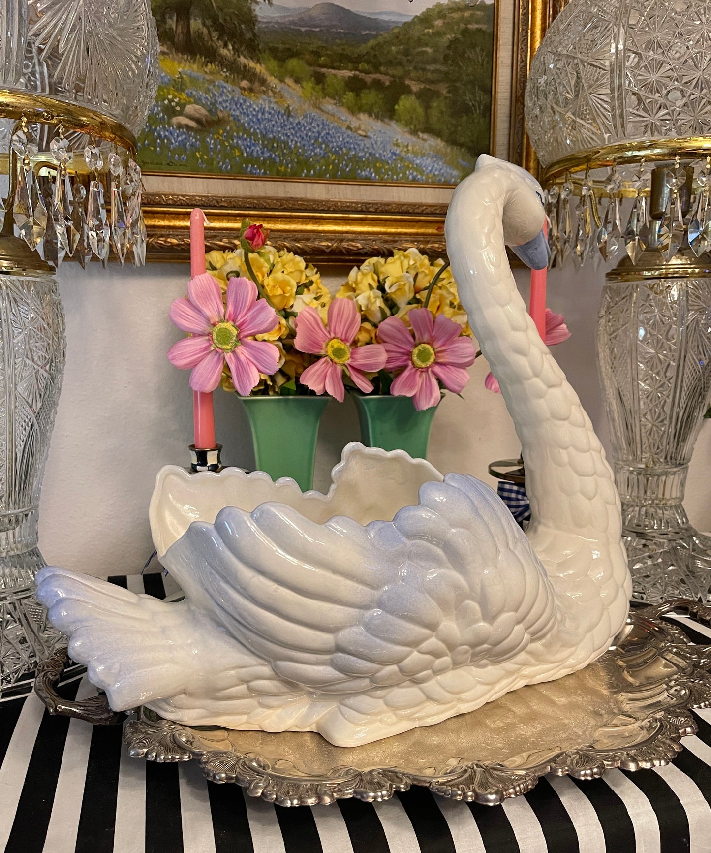 Large Blue and White Swan Planter, Vintage Hand Painted Ceramic Swan