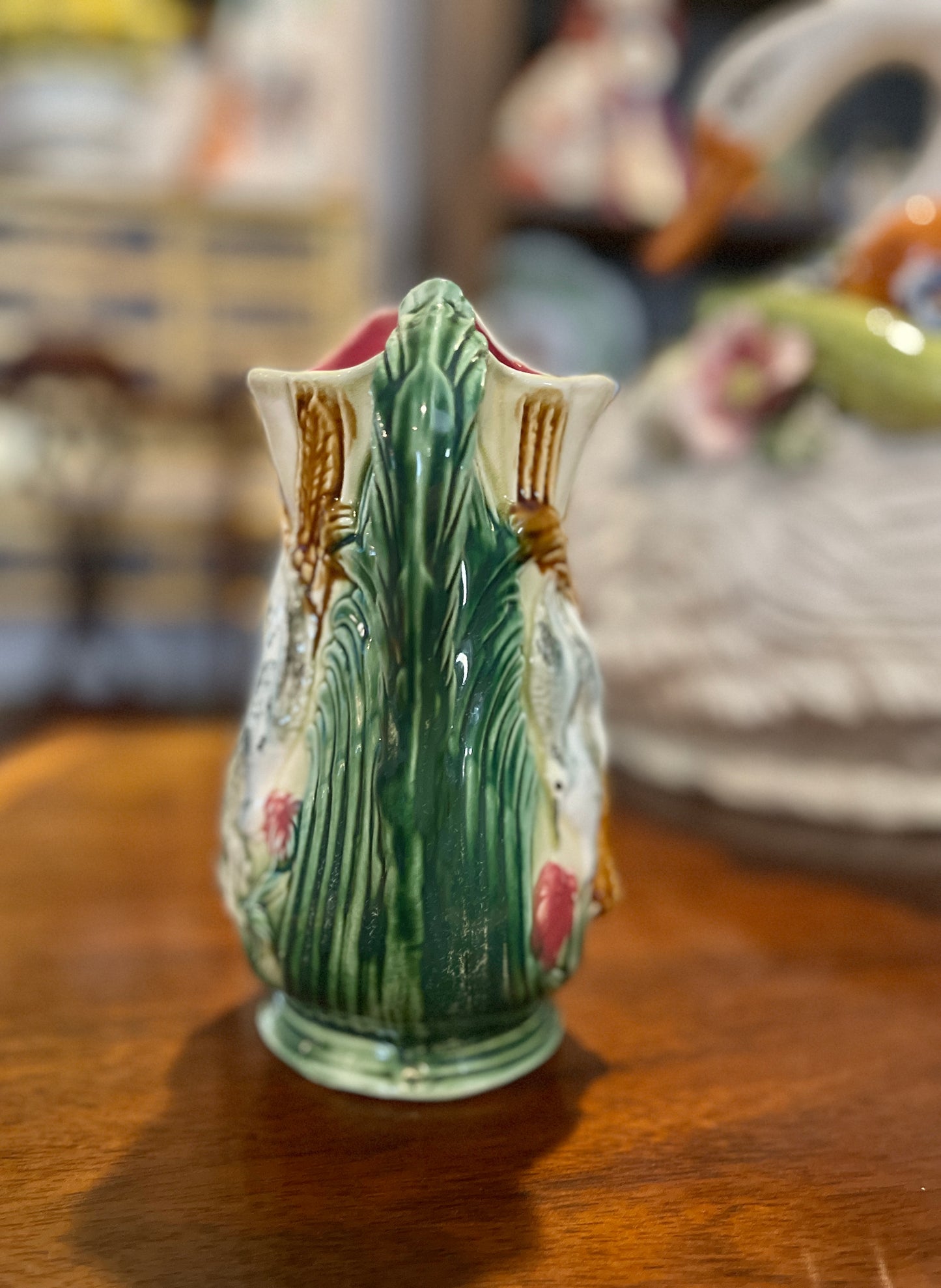 Antique Majolica Hunt Pitcher with a Fox, Rabbit and Birds, Hand Painted