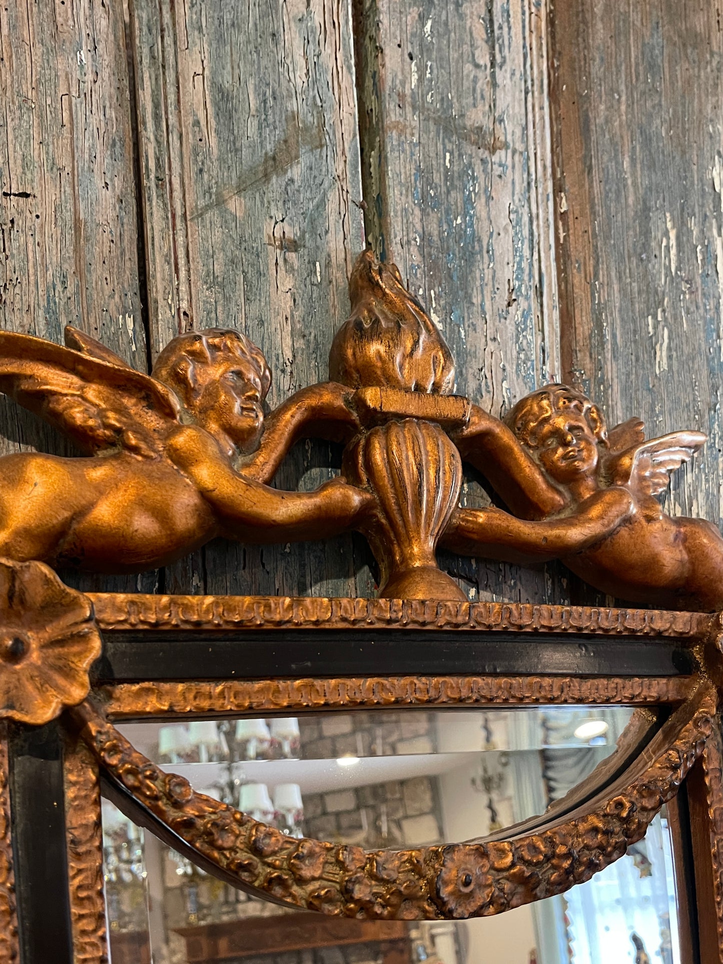 Carved Gilt Wood Cherub and Acanthus Beveled Mirror