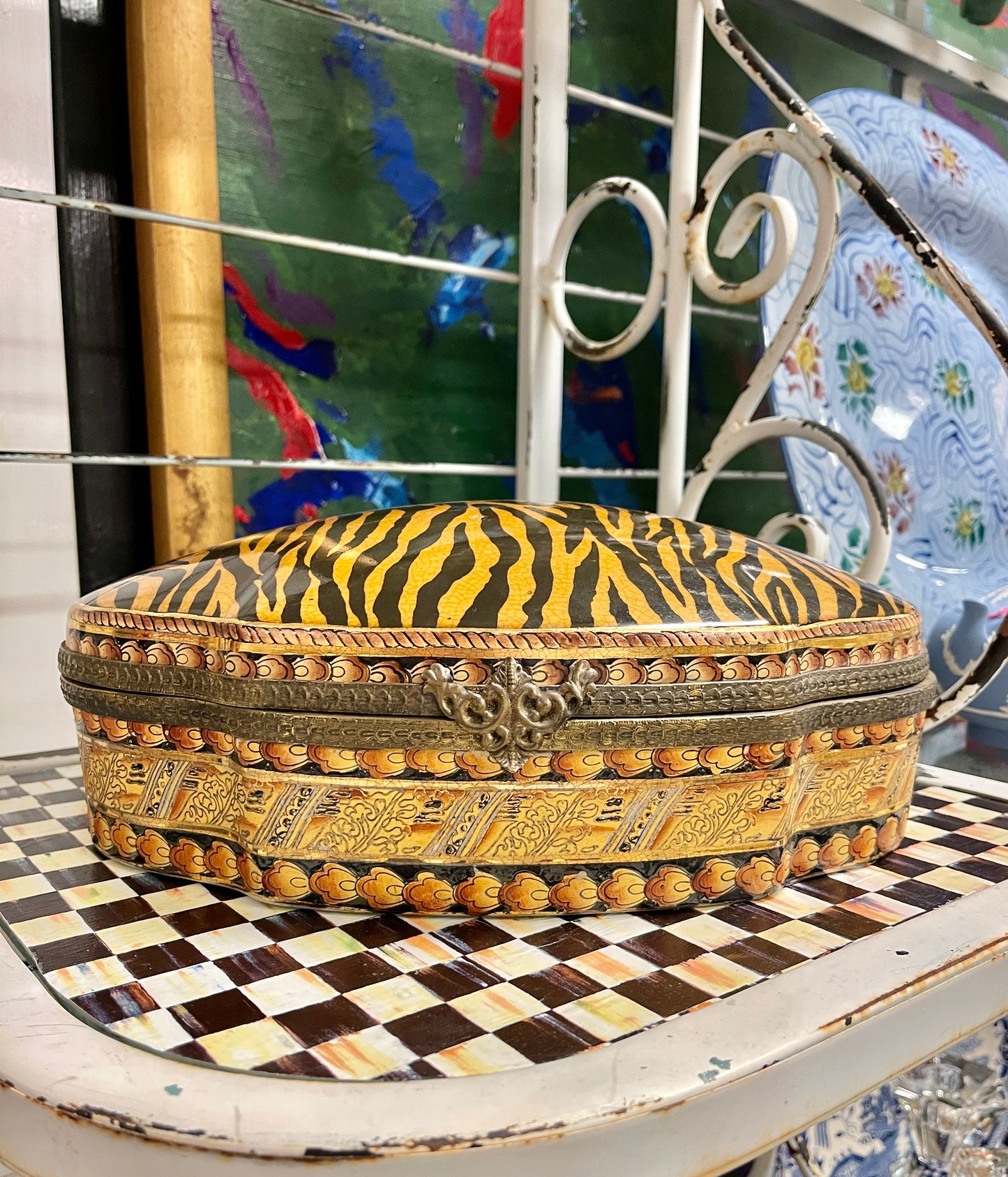 Large Vintage Tiger Print and Ormolu Porcelain Lidded Box