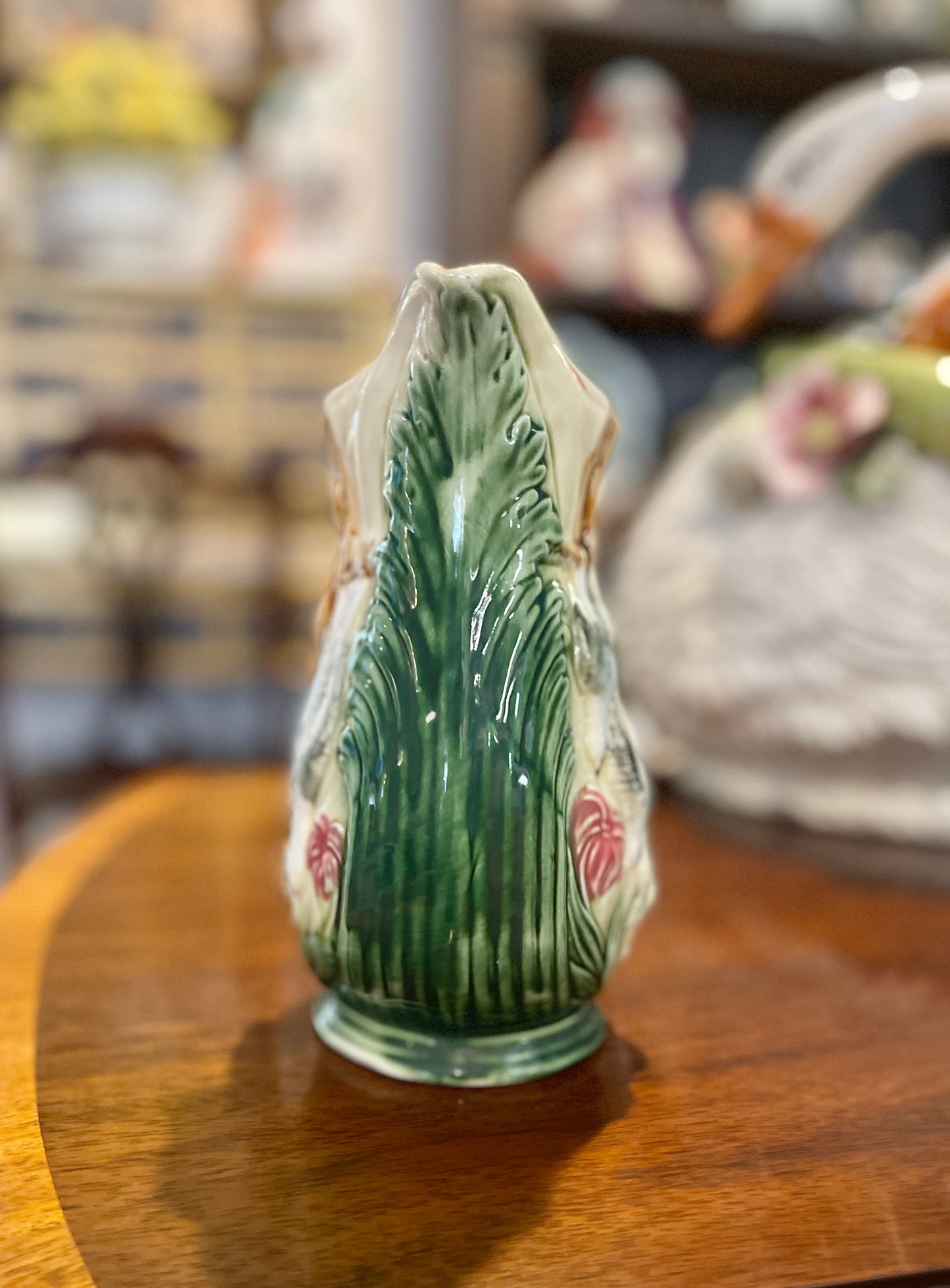 Antique Majolica Hunt Pitcher with a Fox, Rabbit and Birds, Hand Painted