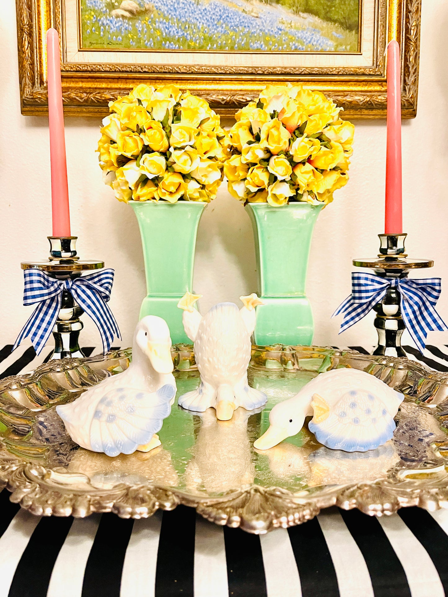 Set of Three Blue and White Ducks