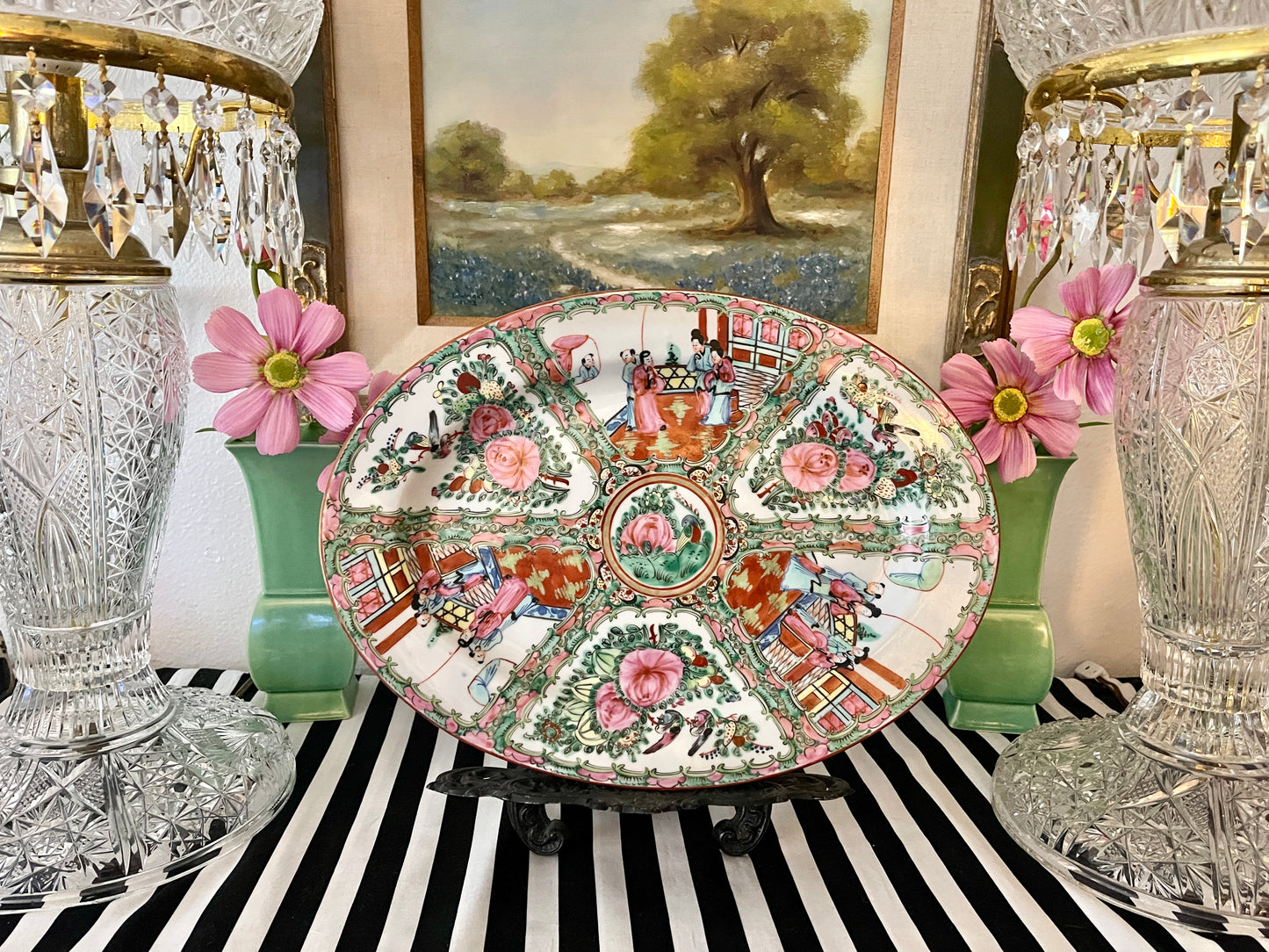 Large Vintage Oval Rose Medallion Platter, Hand Painted, Decorated in Hong Kong,