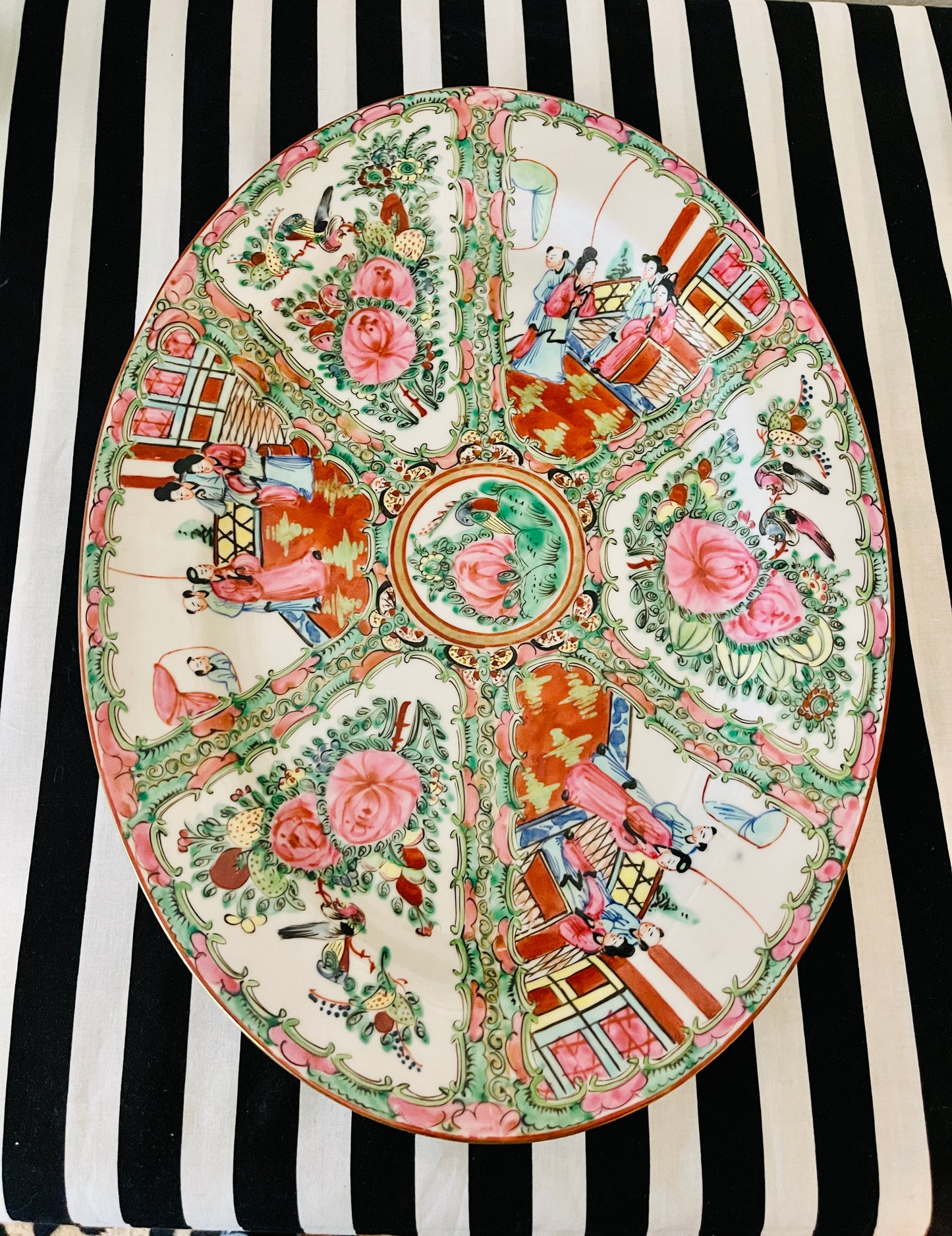 Large Vintage Oval Rose Medallion Platter, Hand Painted, Decorated in Hong Kong,