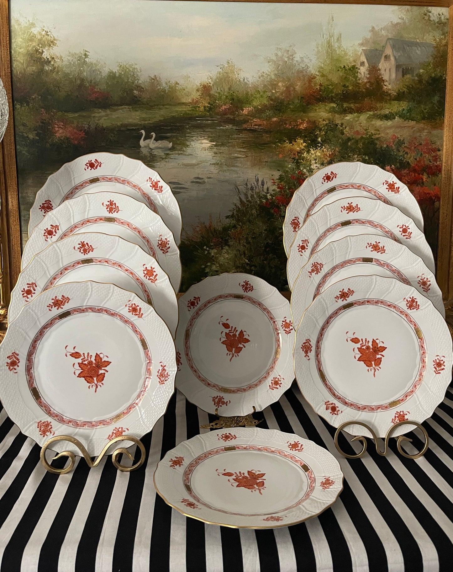 Herend Rust Chinese Bouquet 10.25" Dinner Plates, Sold in Pairs