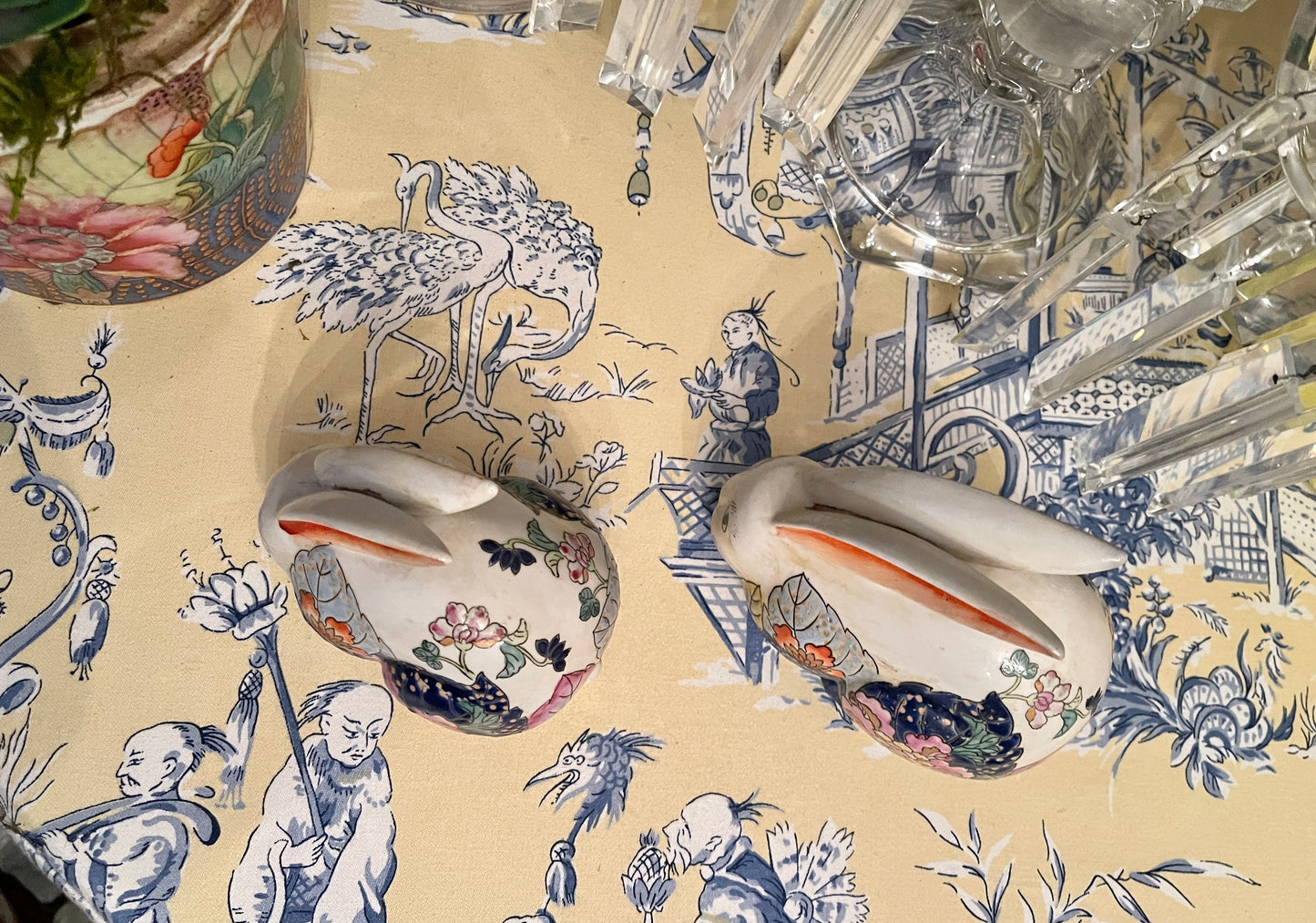 Pair of Vintage Chinoiserie Tobacco Leaf Bunnies