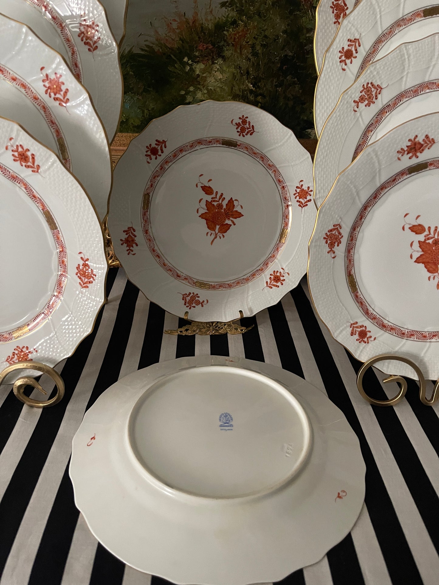 Herend Rust Chinese Bouquet 10.25" Dinner Plates, Sold in Pairs