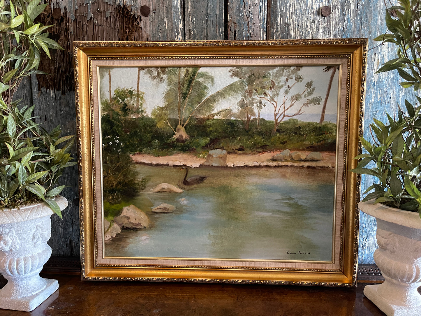 Black Swan Painting Set in Maui, Original Painting, Signed and Framed