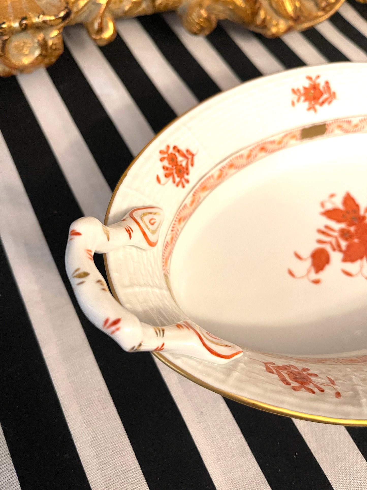 Herend Rust Chinese Bouquet Oval Serving Bowl with Branch Handles