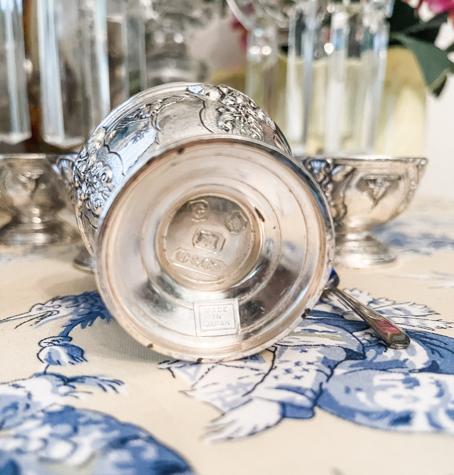 Vintage Cornell & Co Silverplate Salt Cellar with Cobalt Glass Liner, Set of Two with Spoons, Made in Japan