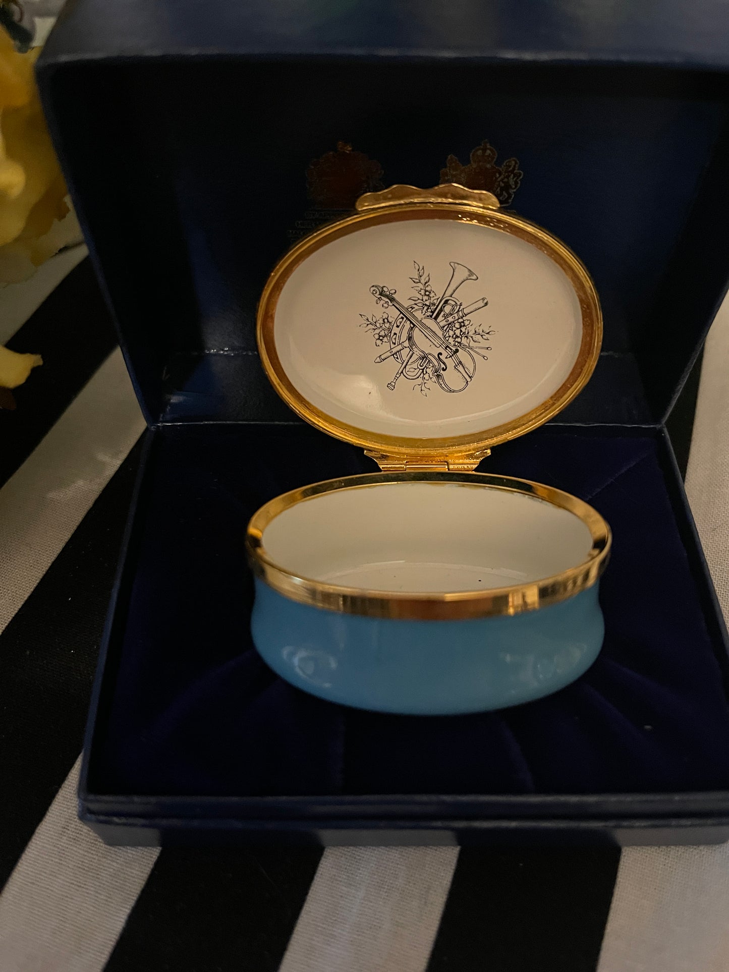 Halcyon Days ‘The Best is Yet to Come’ Enameled Box with Flowers and Wine, made in England, Original Box