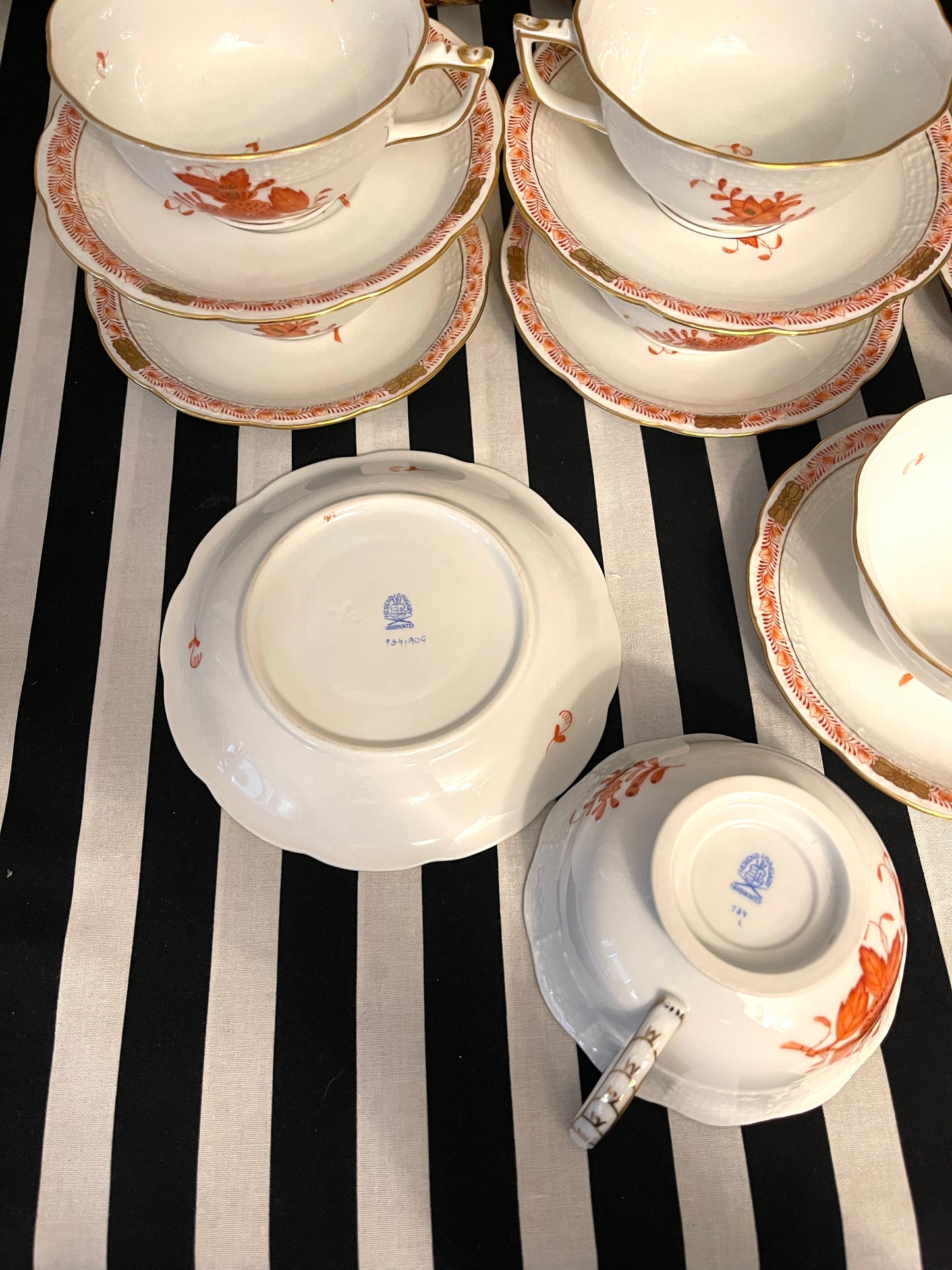 Herend Chinese Bouquet Footed Cup and Saucer, Selling as a Four (4) Piece Set- 2 Cups, 2 Saucers