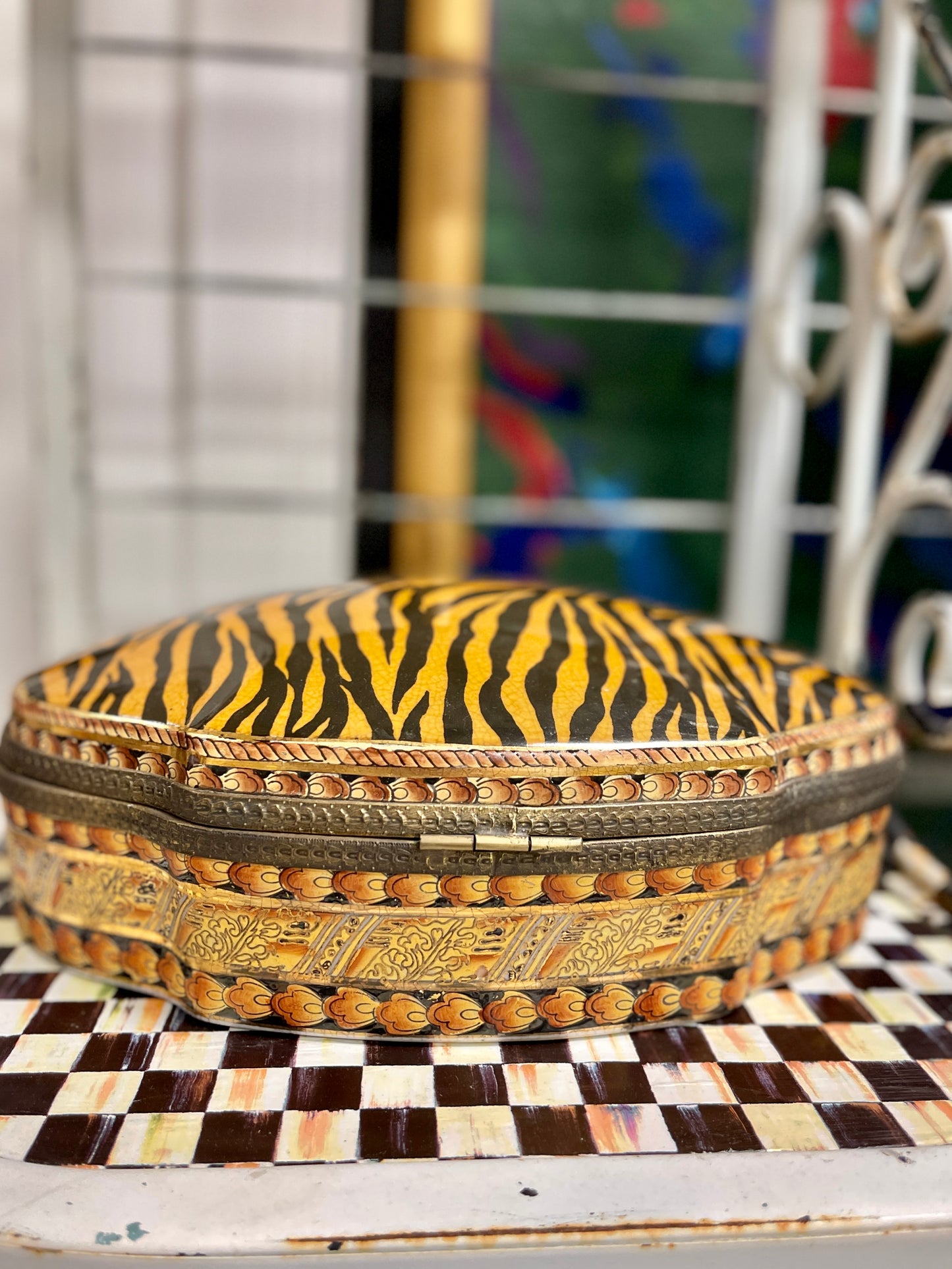 Large Vintage Tiger Print and Ormolu Porcelain Lidded Box
