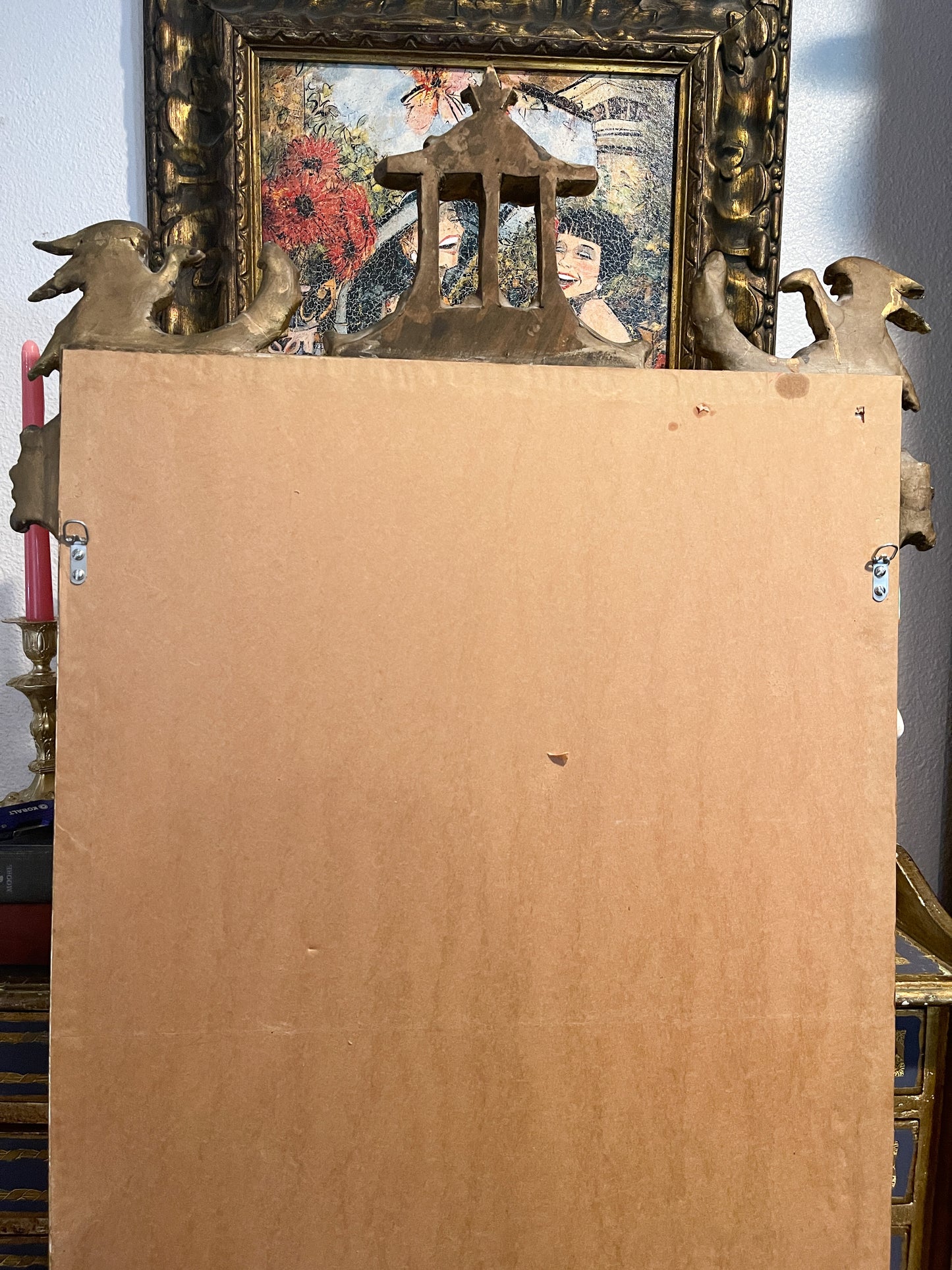 Antique Chinoiserie Hand Carved Gilt Wood Pagoda Rococo Mirror with Birds