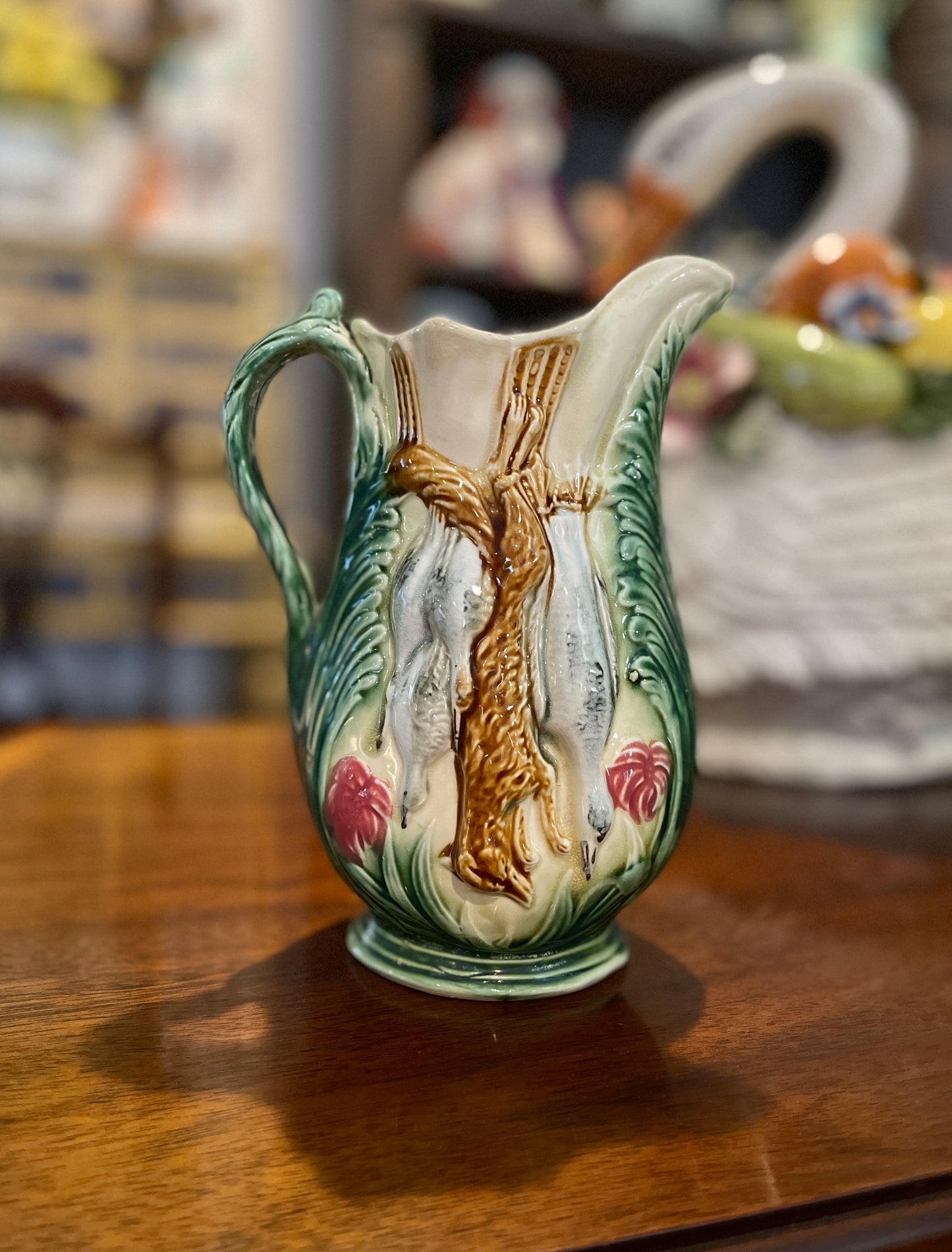 Antique Majolica Hunt Pitcher with a Fox, Rabbit and Birds, Hand Painted