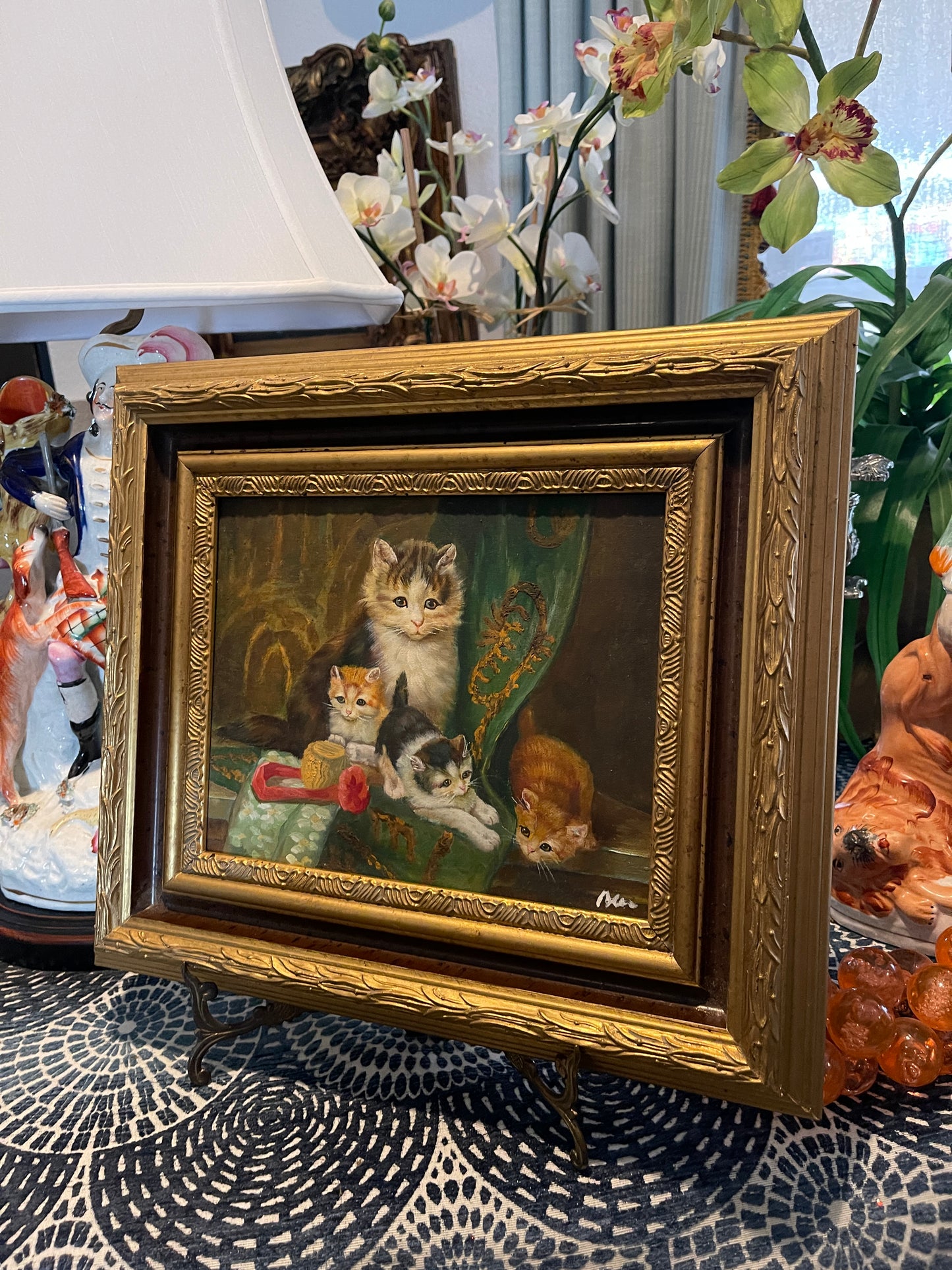 Cats Lounging on a Green Curtain Oil Painting, Vintage Oil on Board, Vintage Wall Art