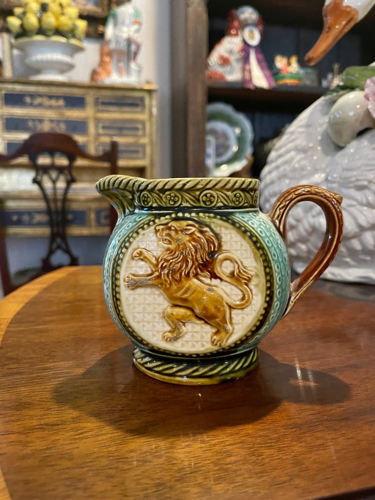 Antique Frie Onnaing Made In France Majolica Pitcher Milk Jug Creamer w/Lion