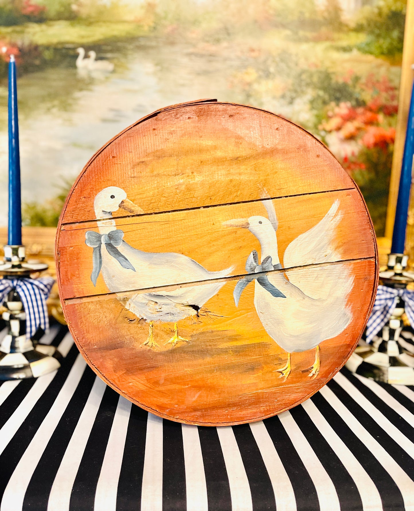 Vintage Hand Painted Cheese Box, Geese in Blue Bows