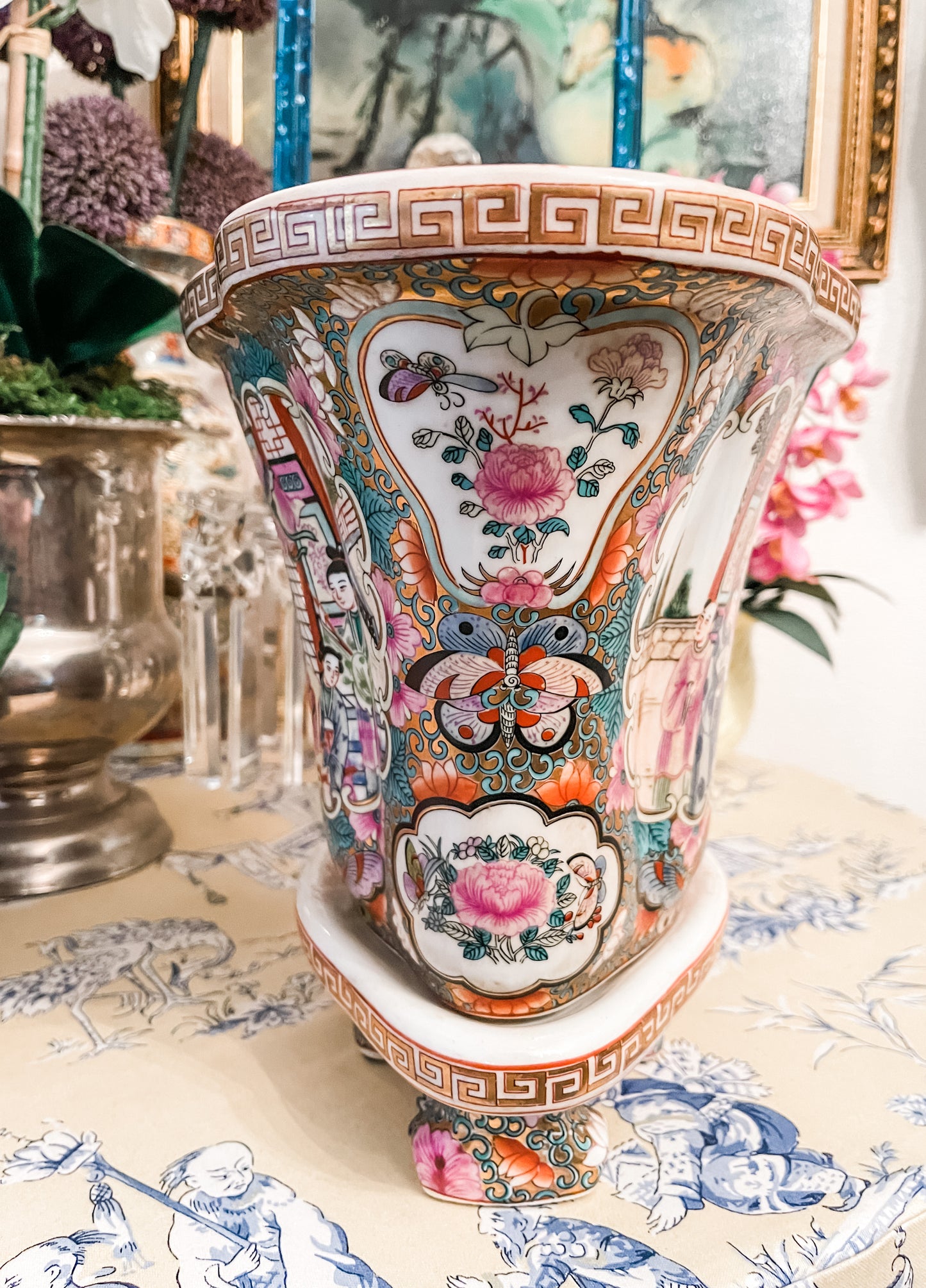 Vintage Rose Medallion Jardinerie with Greek Key Detail