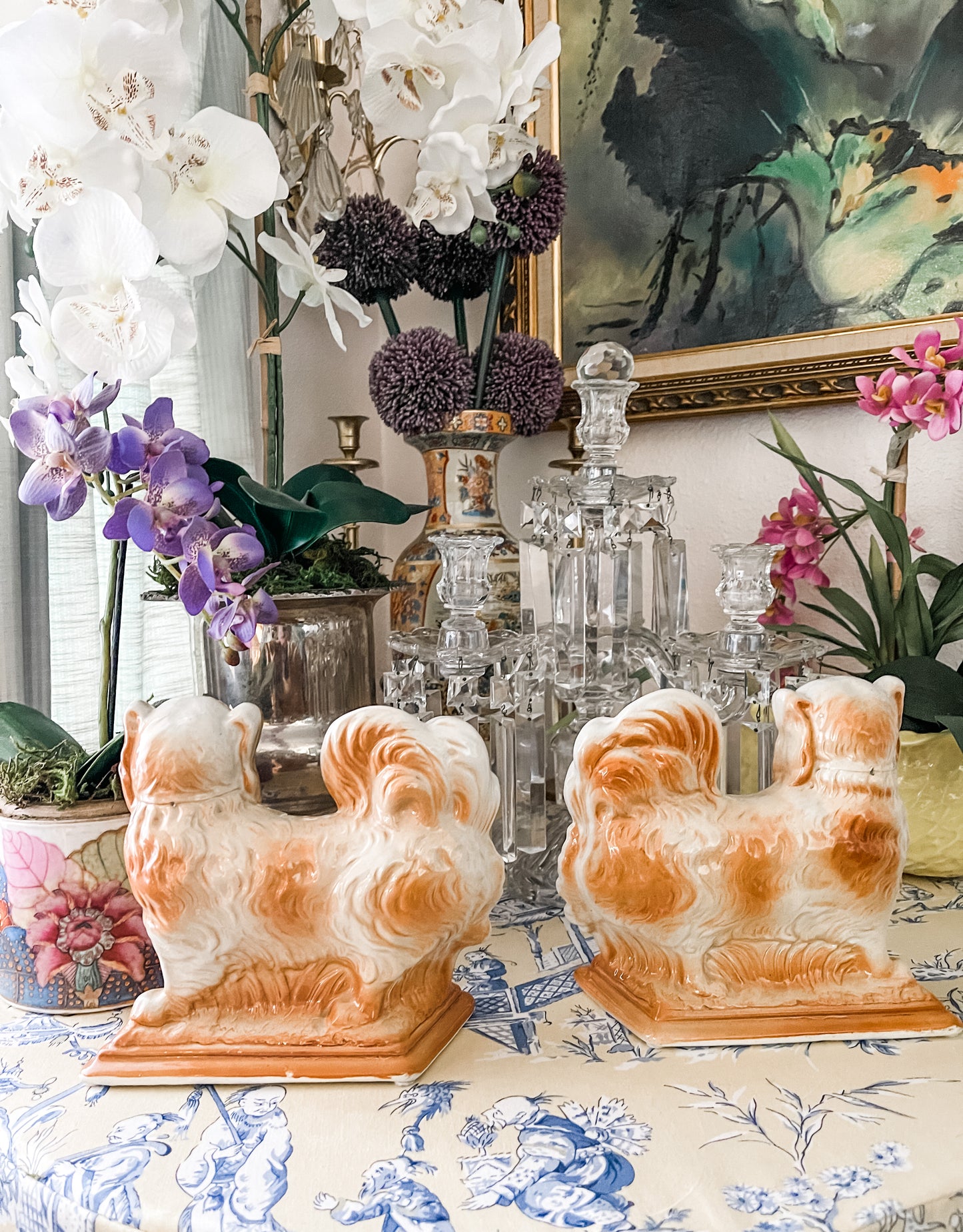 Antique Staffordshire Mantle Dogs, Pair of Pekingese with Blue Bows, Late 19th Century