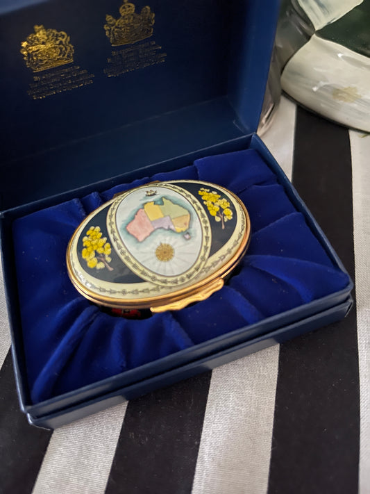 Halcyon Days Enameled Box Commemorating the Australian Bicentenary 1788 -1988 , Made in England, Original Box