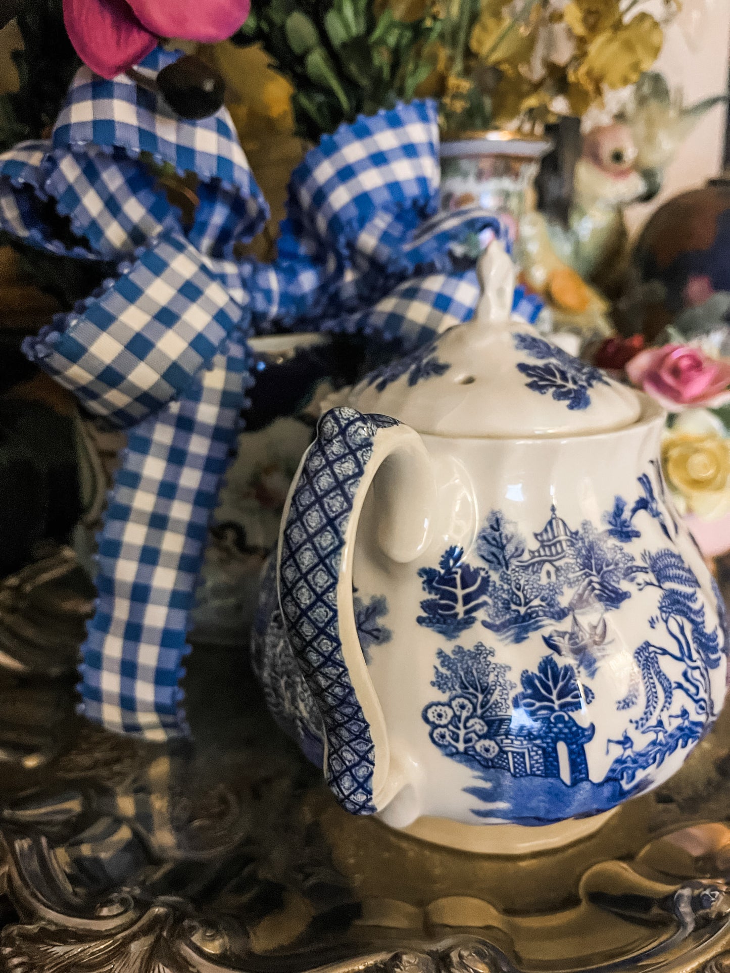 Vintage Mid Century 1950's Sadler England Blue Willow Teapot, Blue and White Chinoiserie