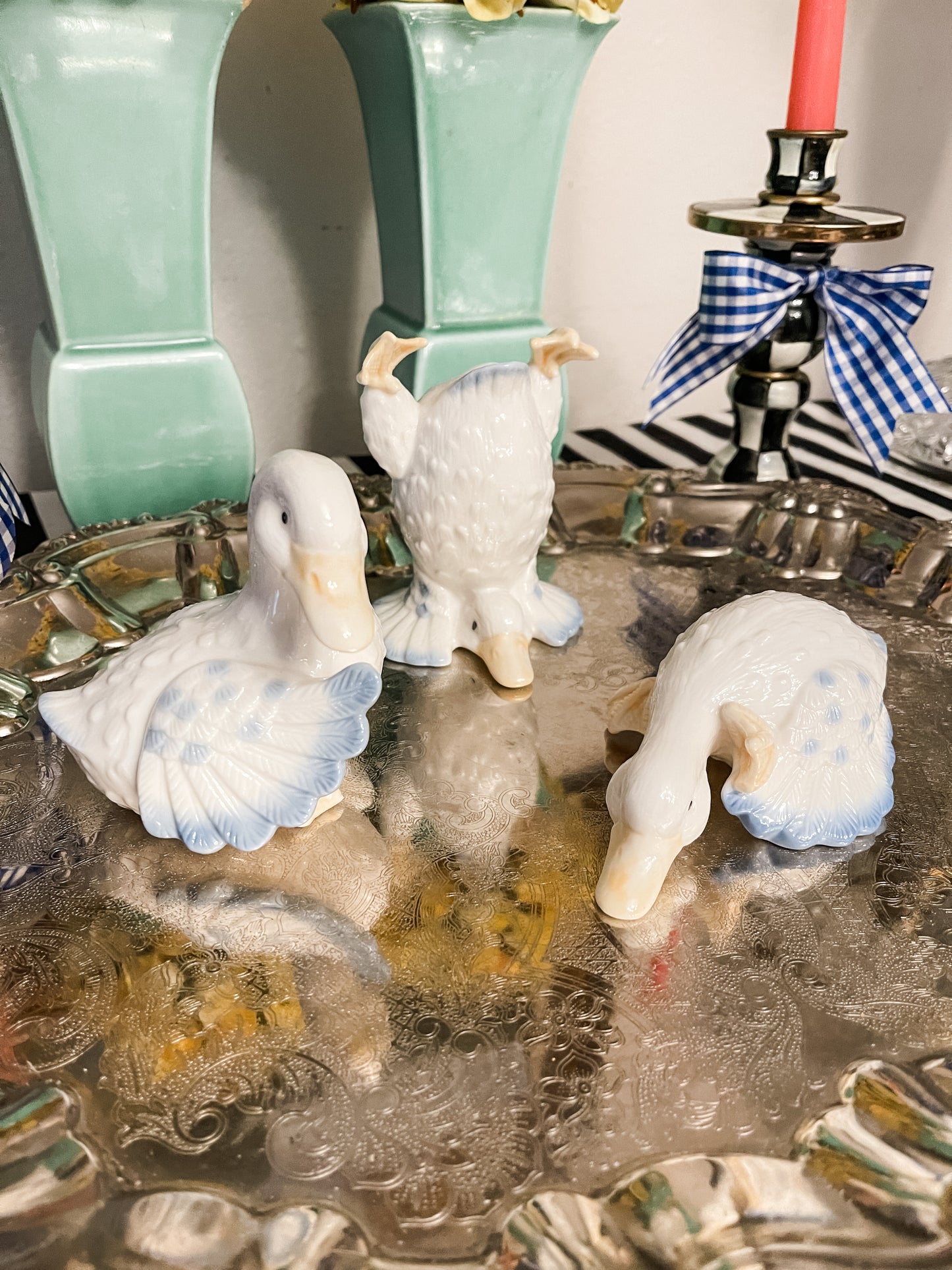 Set of Three Blue and White Ducks