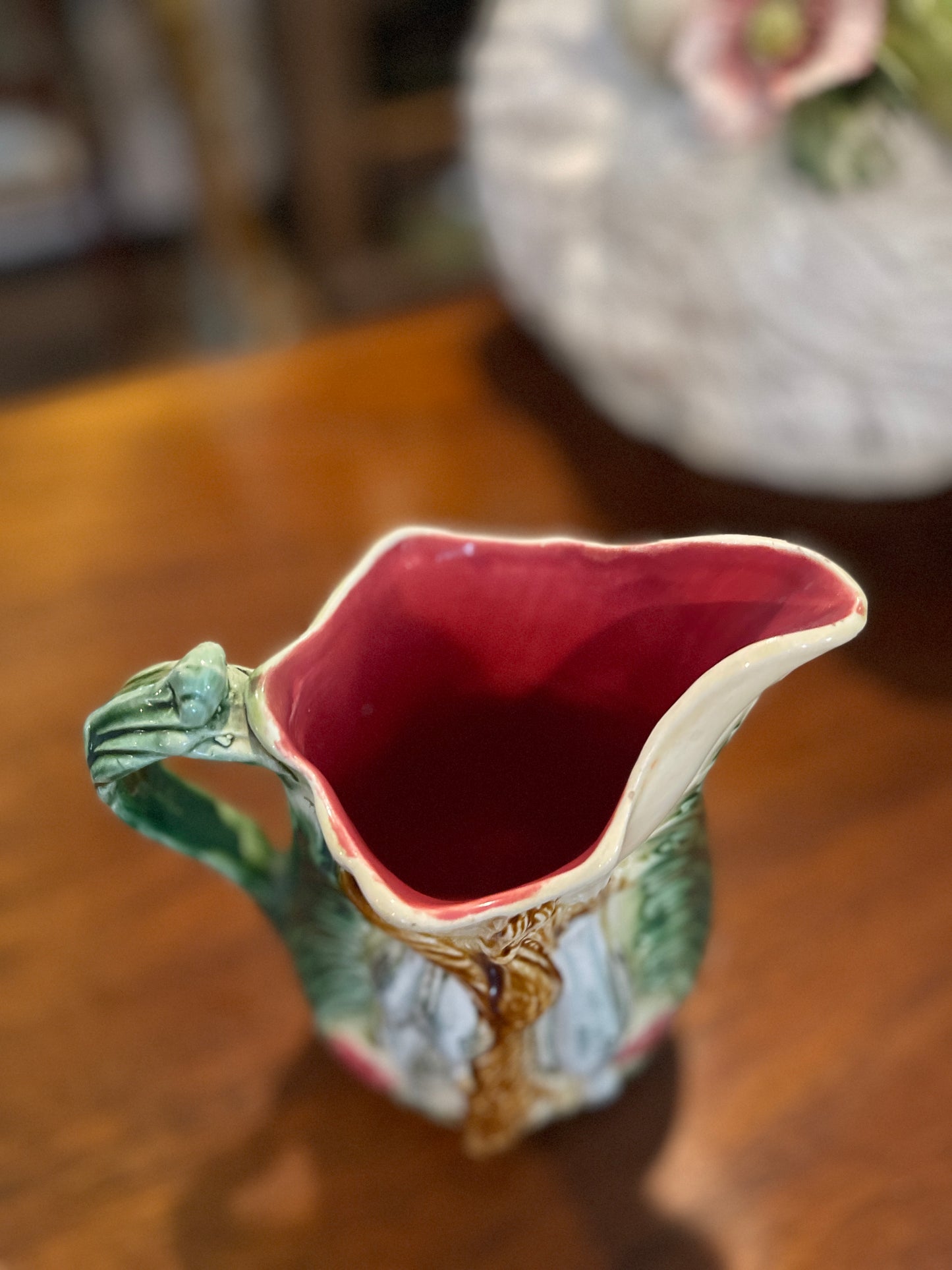 Antique Majolica Hunt Pitcher with a Fox, Rabbit and Birds, Hand Painted