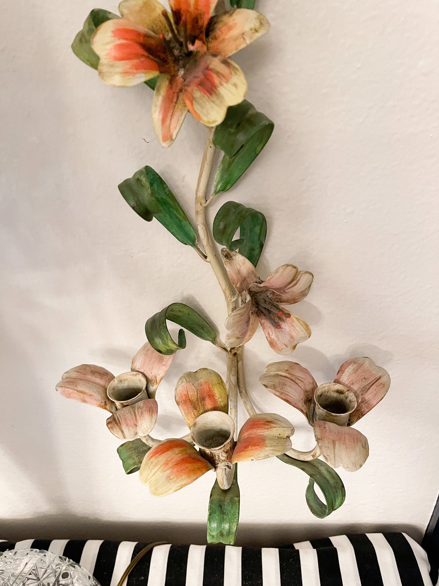 Vintage Italian Tole Flower Sconce,Shabby Chic Wall Sconce