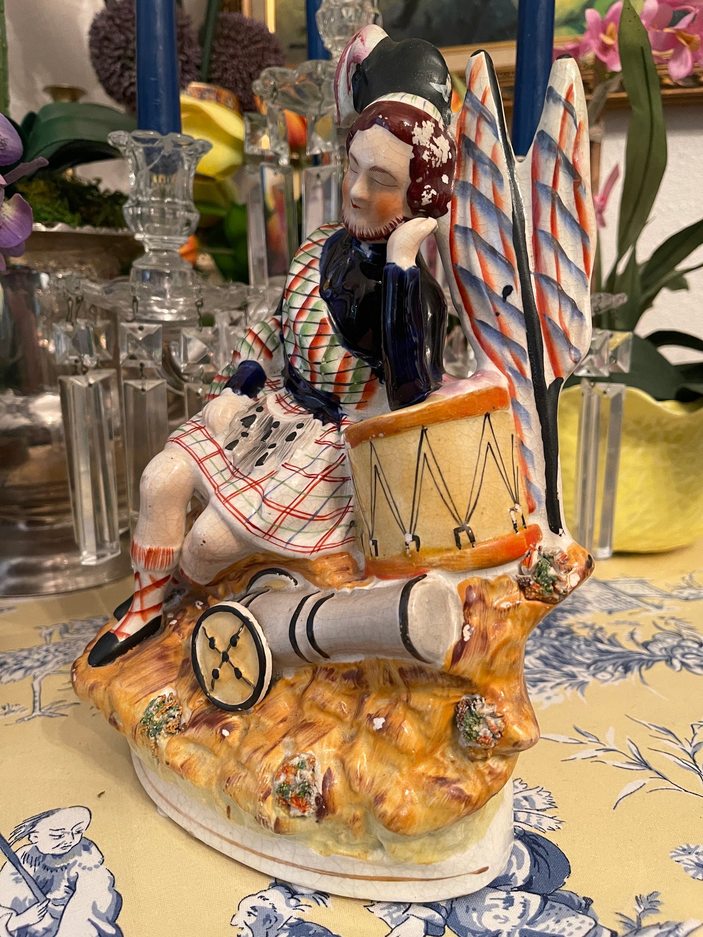 Sleeping Scotsman Staffordshire Statuette, Hand Painted, Vibrant Colors, Military Shelf Decor