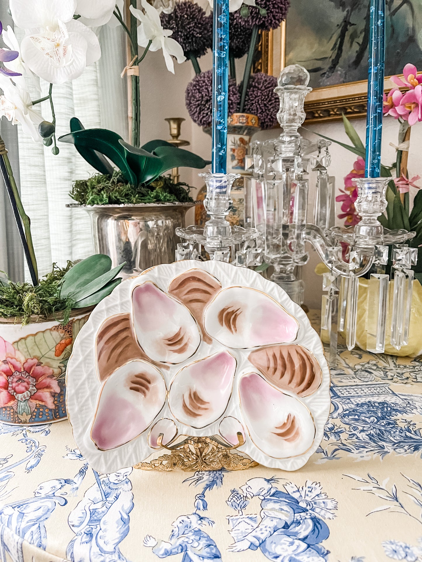 Vintage French Crescent Oyster Plate, Pink with Gilded Rim